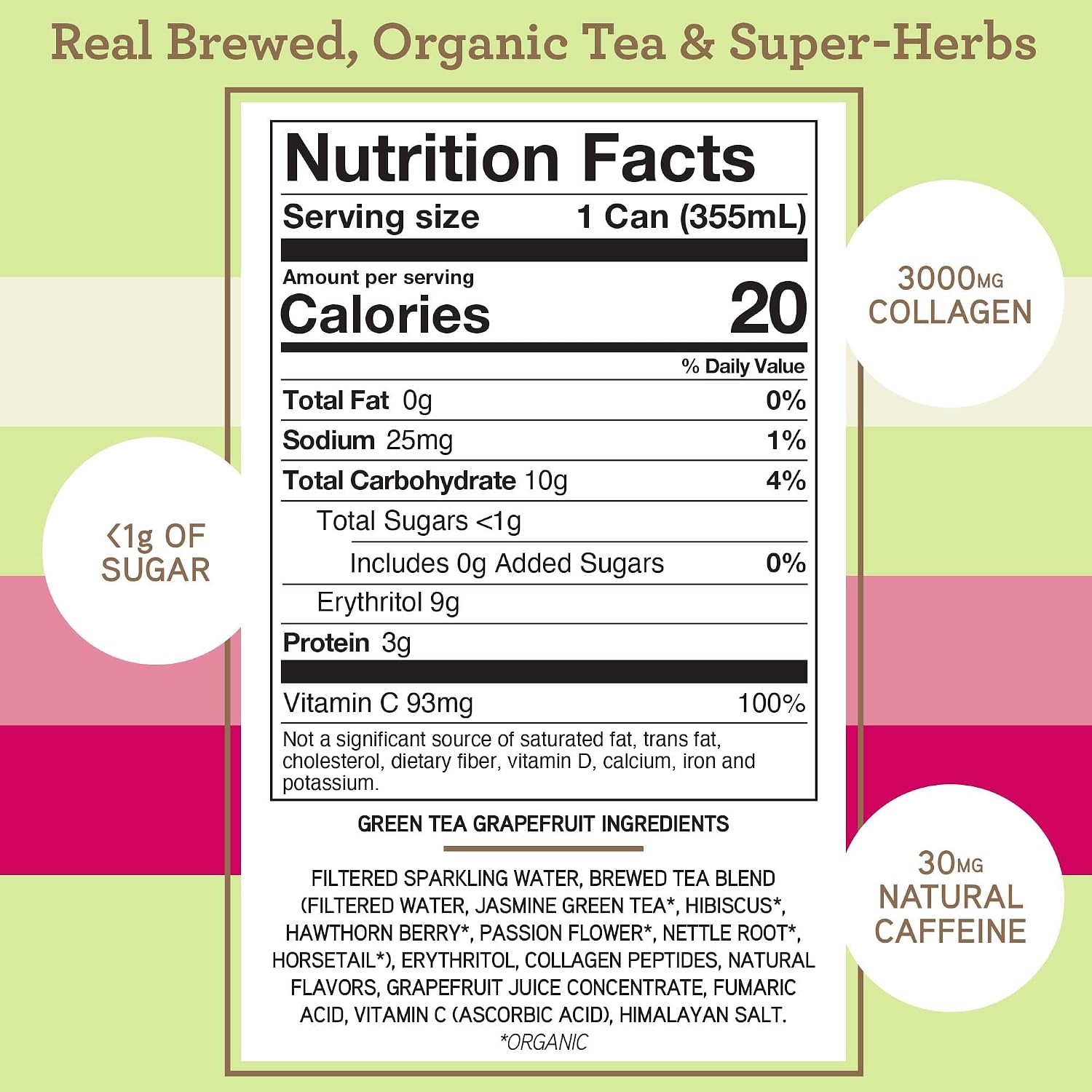 SKINTE Collagen Sparkling Tea - Green Tea Grapefruit - 3000mg Collagen Peptides & Rich in Super Herbs & Antioxidants - Benefits Hair, Skin, and Nails - Zero Added Sugar & Non GMO - 12 oz Pack of 6