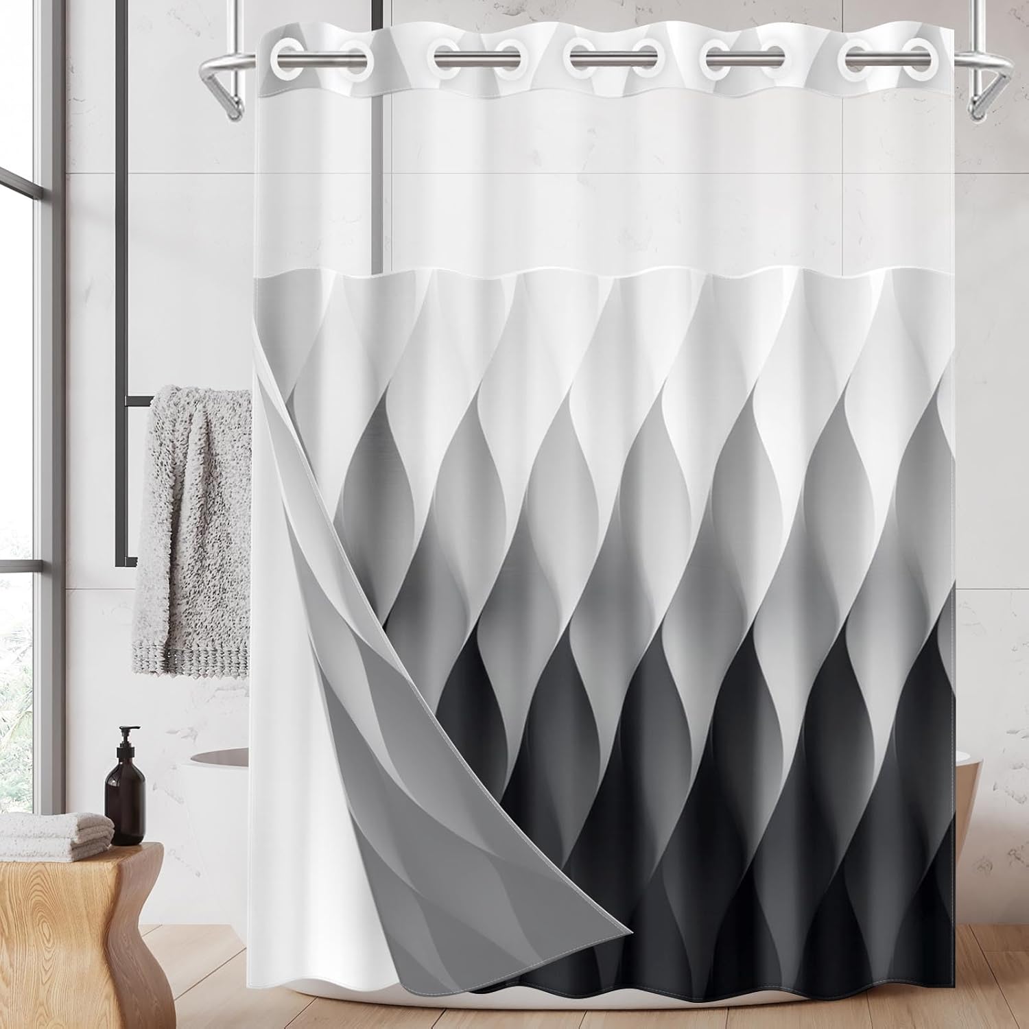 No Hook Black and Blue Shower Curtain with Snap in Fabric Liner Set, 3D Geometric Cubes Double Layers Waterproof Fabric with See Through Top Window Bath Curtain 71x74 Inch