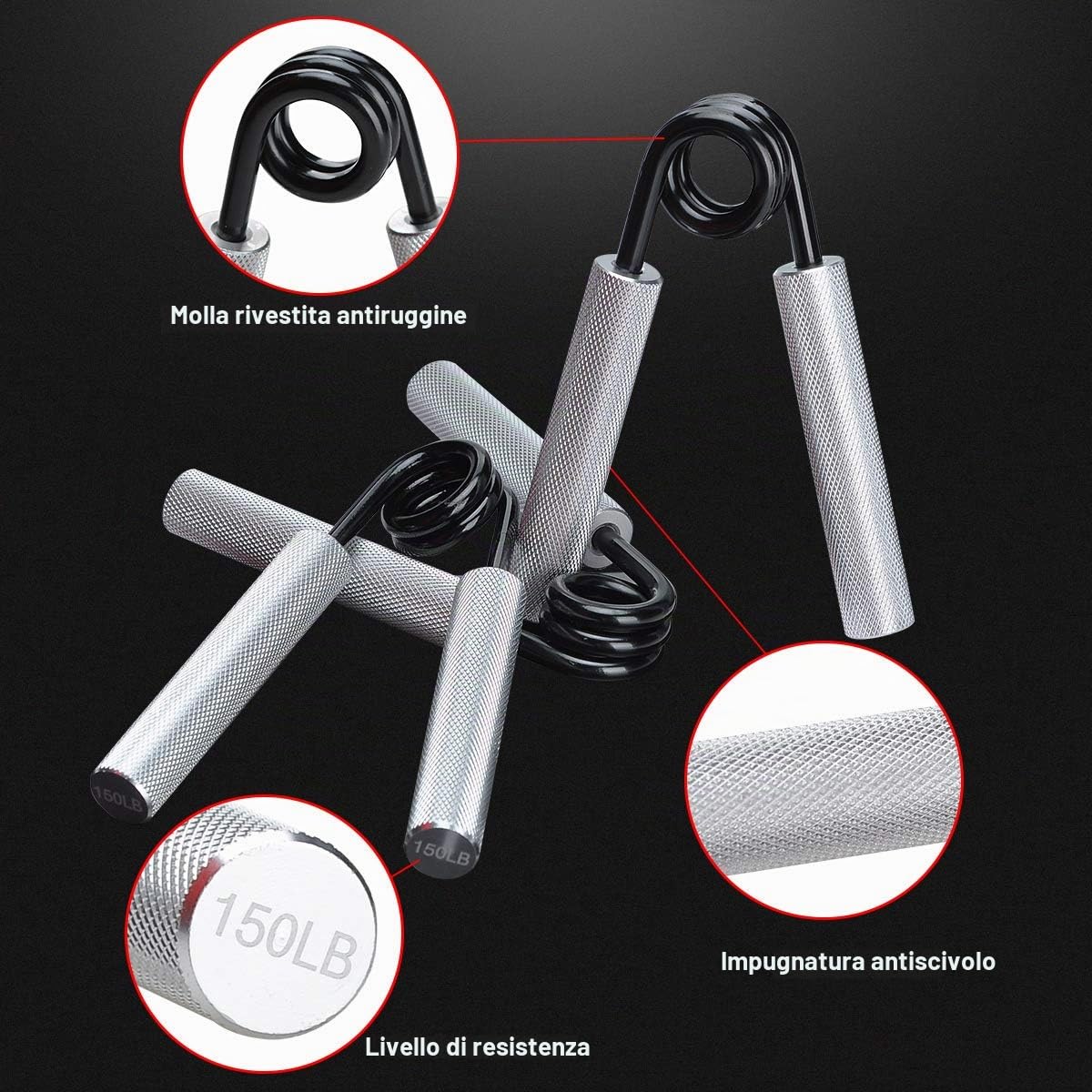 Confezione da 4/5 Rinforzi per Impugnatura (50/100/150/200/250 LBS), Metallo Antiscivolo, Resistente per la Costruzione Muscolare