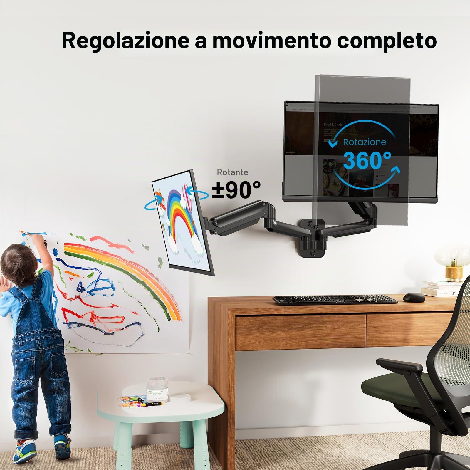 HUANUO Doppio Supporto a Parete per Schermi da 17 a 32 pollici, Supporto per Monitor a Parete con Pistone a Gas, Doppio Braccio per Monitor Supporto VESA 75/100 mm, capacità di carico 2-8kg