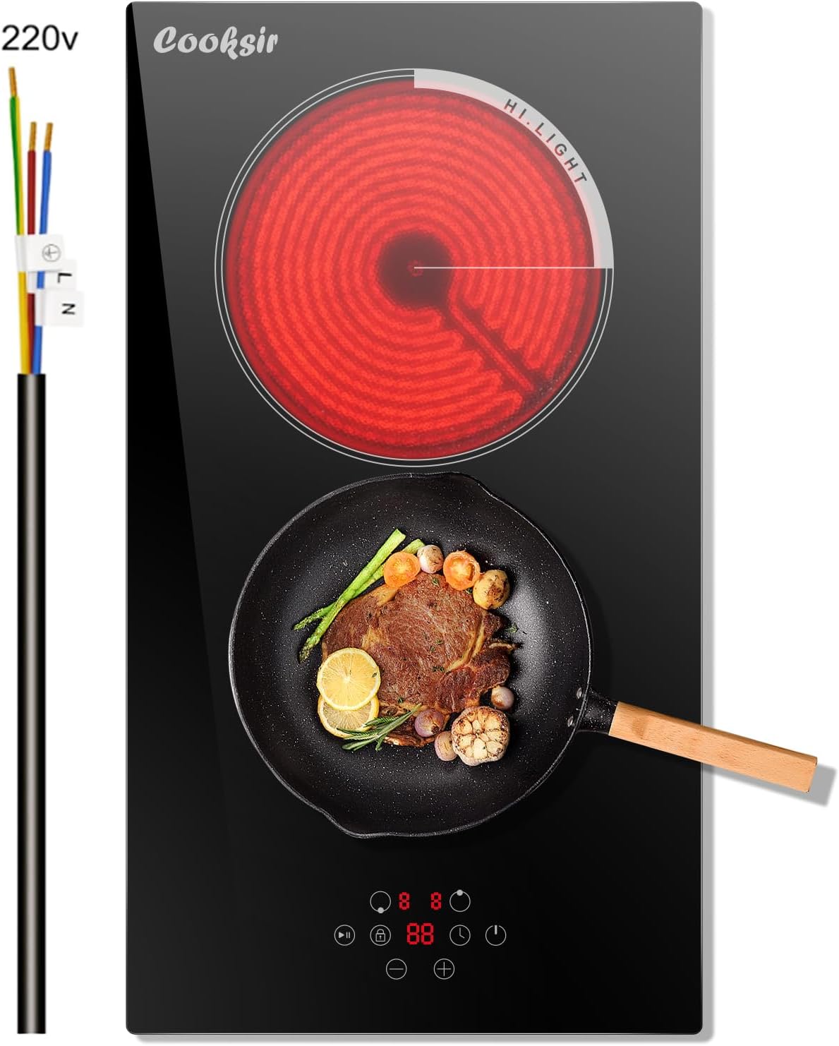 2 Burner Electric Cooktop, 12 inch Electric Stove Top 3000W, Double Burners Ceramic Cook Top with 9 Power Levels, Safety Lock, Timer, Sensor Touch Control, 220-240V Hard Wired (No Plug)
