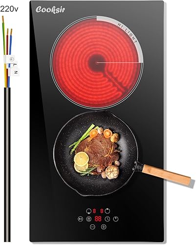 Cooksir 2 Burner Electric Cooktop, 12 inch Electric Stove Top 3000W, Double Burners Ceramic Cook Top with 9 Power Levels, Safety Lock, Timer, Sensor Touch Control, 220-240V Hard Wired (No Plug)