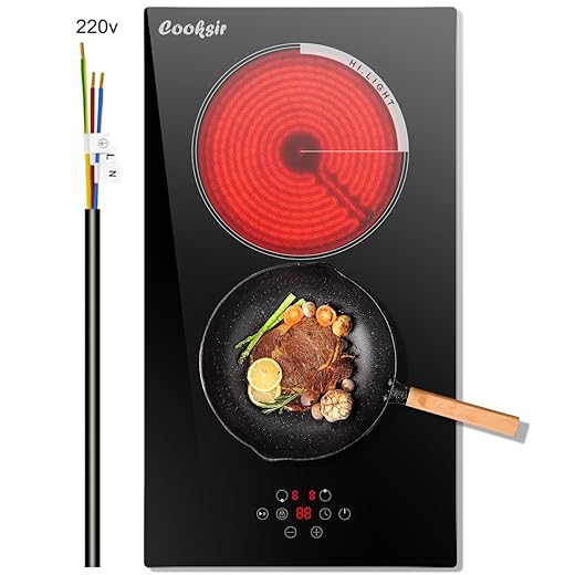 2 Burner Electric Cooktop, 12 inch Electric Stove Top 3000W, Double Burners Ceramic Cook Top with 9 Power Levels, Safety Lock, Timer, Sensor Touch Control, 220-240V Hard Wired (No Plug)