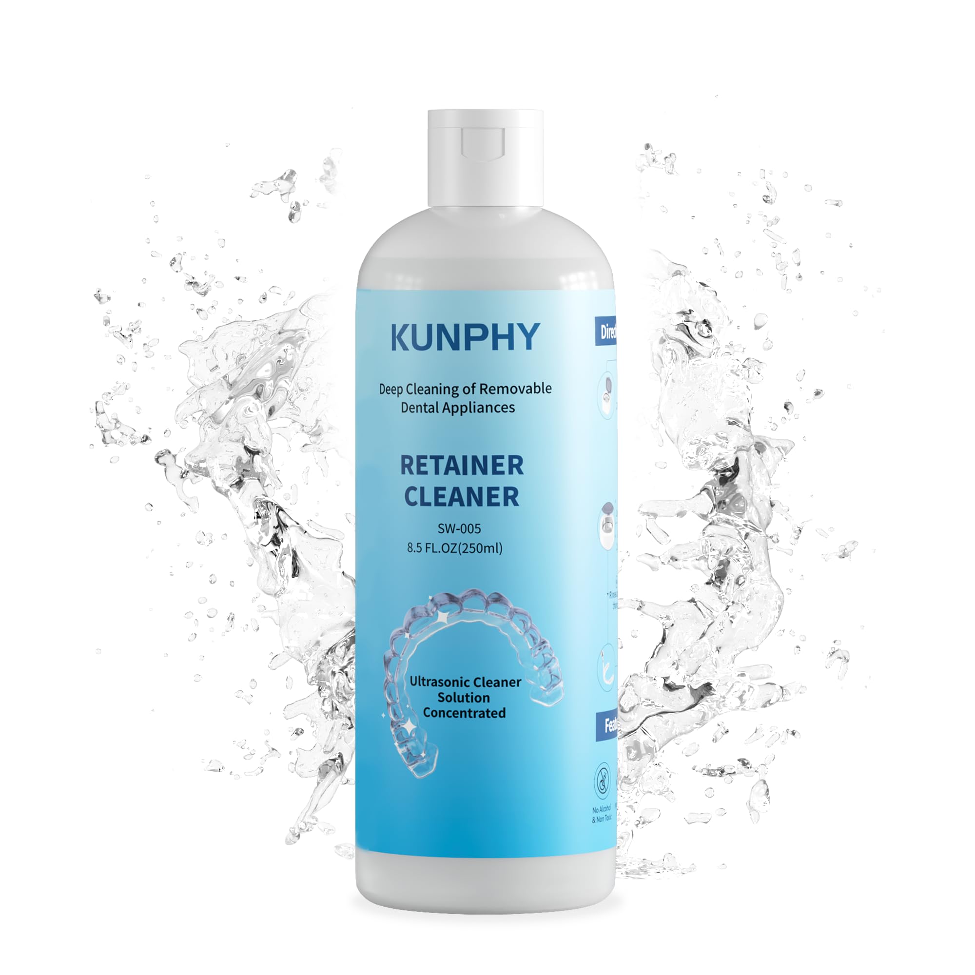 Kunphy Ultraschallreiniger Konzentrat, Prothesenreiniger für Jedes Ultraschallgerät, Professionelle Reinigung von Retainern, Unsichtbaren, Nachtschienen, Entfernt Gerüche & Flecken, 250 ml