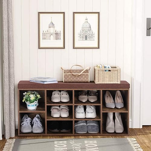 MFSTUDIO Banco de almacenamiento de zapatos, banco de entrada de zapatos con cojín de asiento y estantes ajustables, organizador independiente para