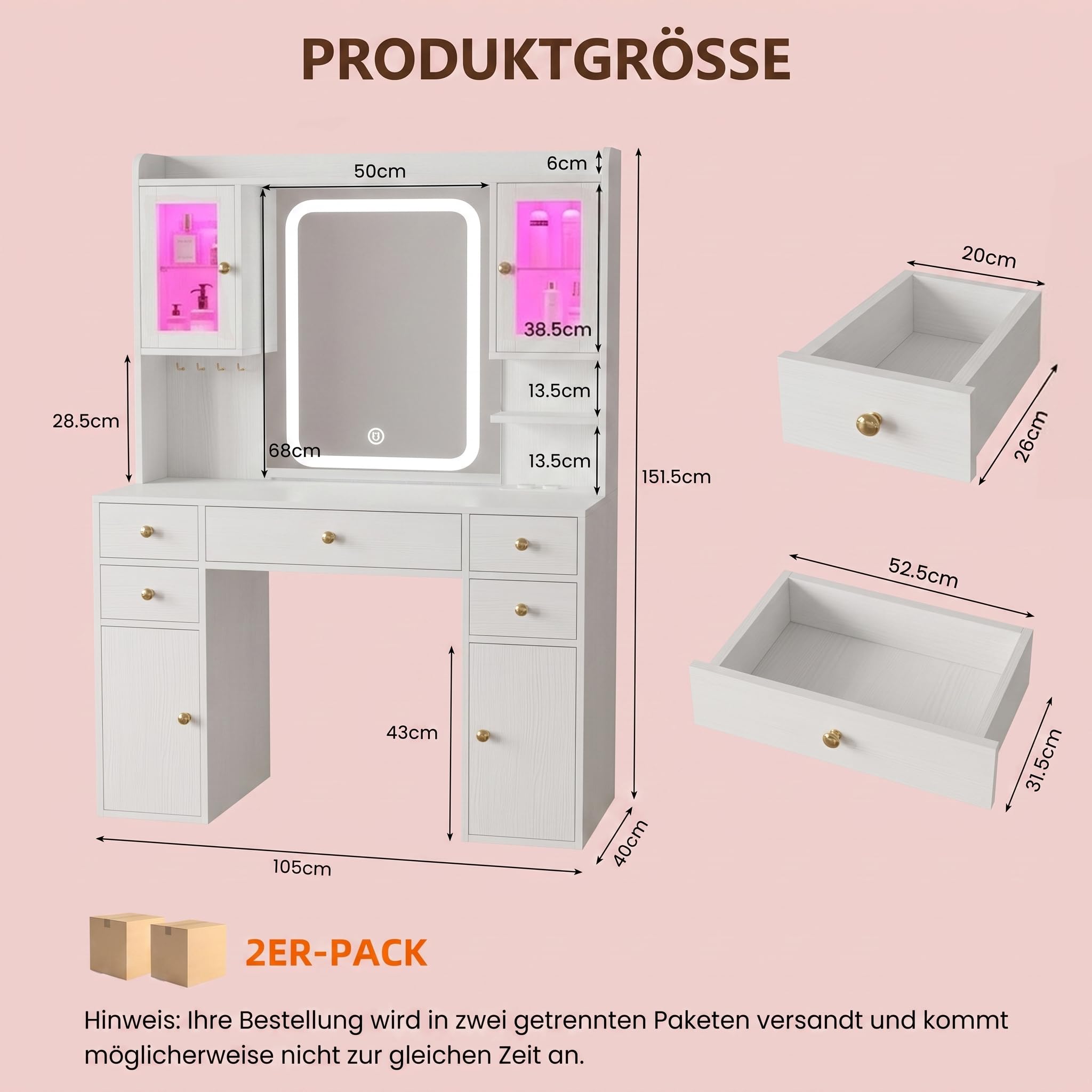 APICIZON Schminktisch mit Beleuchtung und Spiegel, 105 cm mit Steckdose, 5 Schubladen, 2 RGB-Glasvitrinen und Schmuckaufbewahrung, Weiß