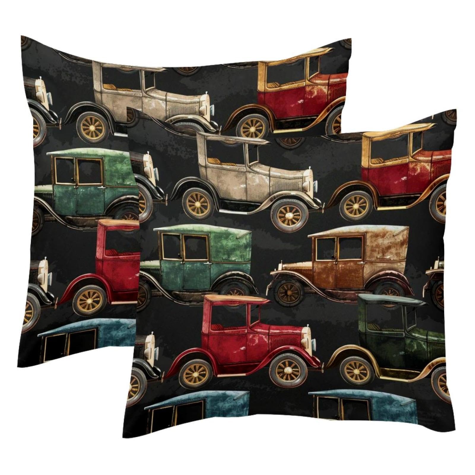 Housse de coussin vintage 50x50 en velours doux motif voiture ancienne pour déco salon rétro