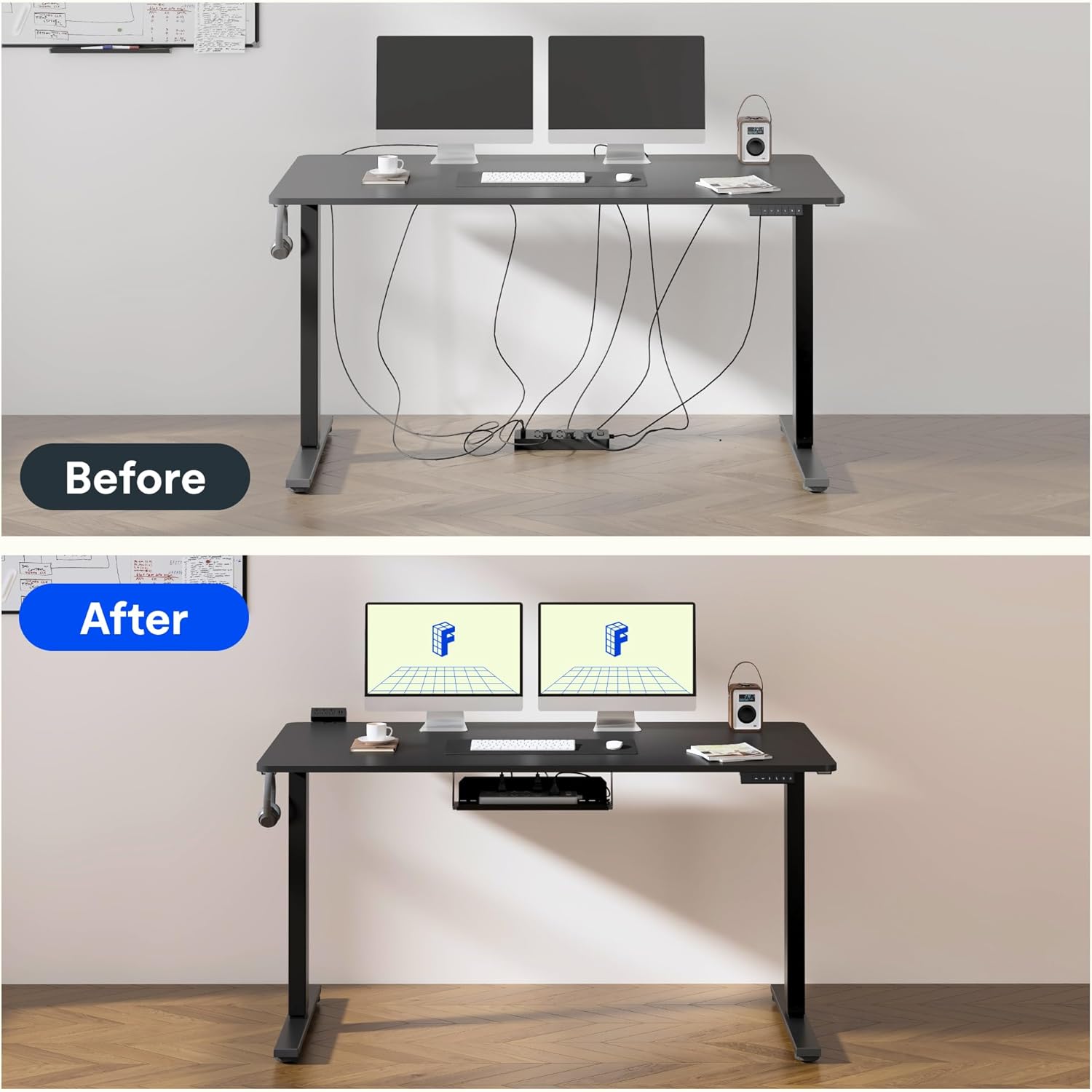 Before and after comparison of desk cable management, showing a messy setup transformed into a clean, organized one with the cable tray.