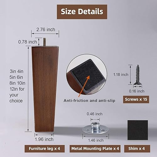Miniatura 3 de WEKIS Patas de madera maciza para muebles de 4 pulgadas, madera natural de mediados de siglo, patas cuadradas marrones de repuesto para muebles para