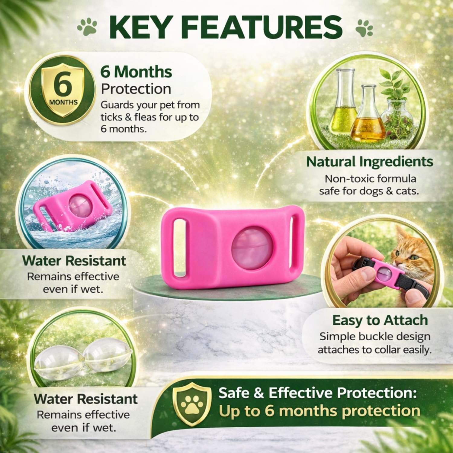 Furry Life Flea & Tick Prevention Pet Tag β Waterproof Collar Pendant, Chemical-Free Protection for Dogs, Cats & Small Pets, Safe for All Breeds (Pink) 2