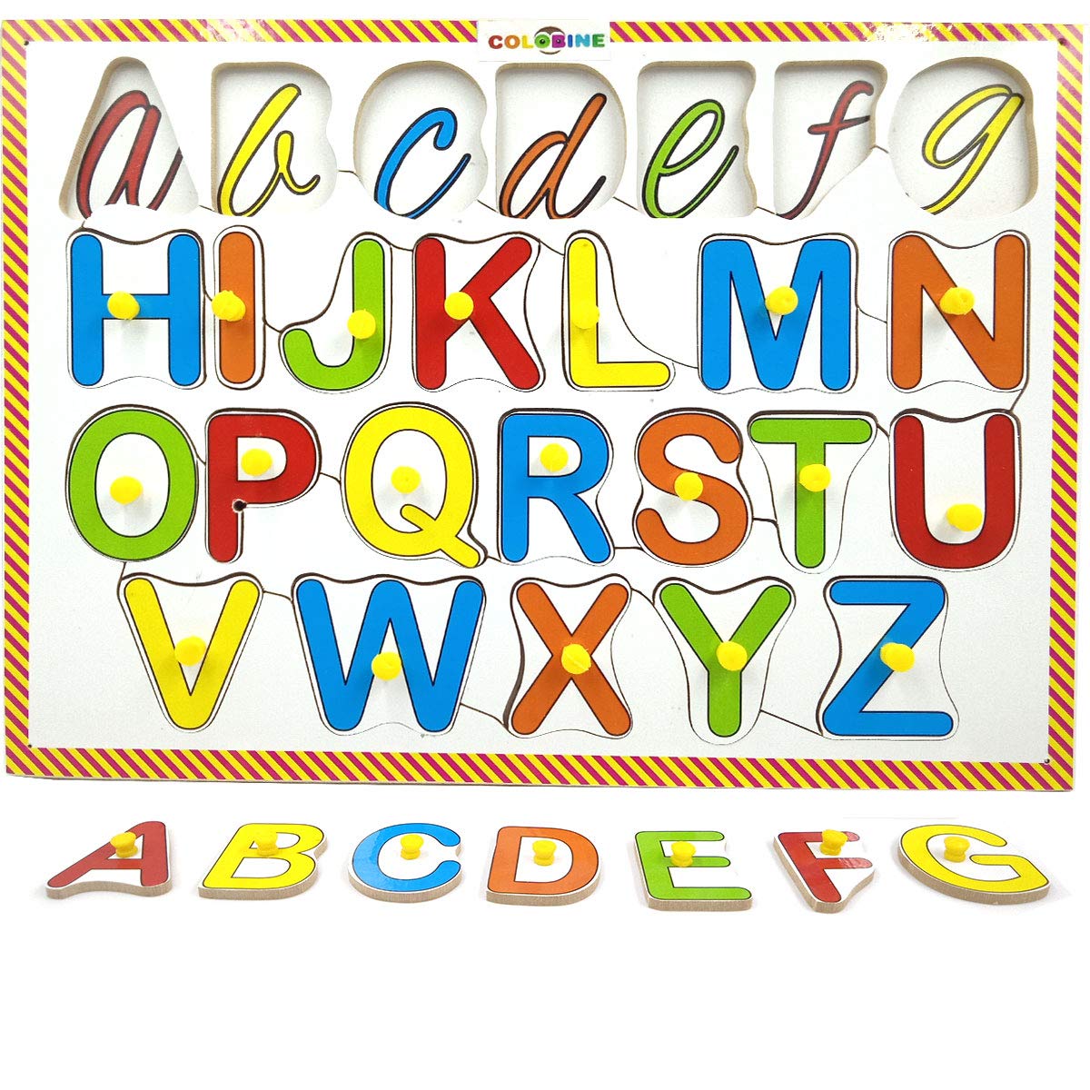 COLOBINEEnglish Alphabets Pairing Set Puzzle Tray with Knobs; Match The Multicolor English Capital Alphabets to Lower Case Cursive Alphabets; MDF Board Learning Toy for Kids 3 Years Old and Above