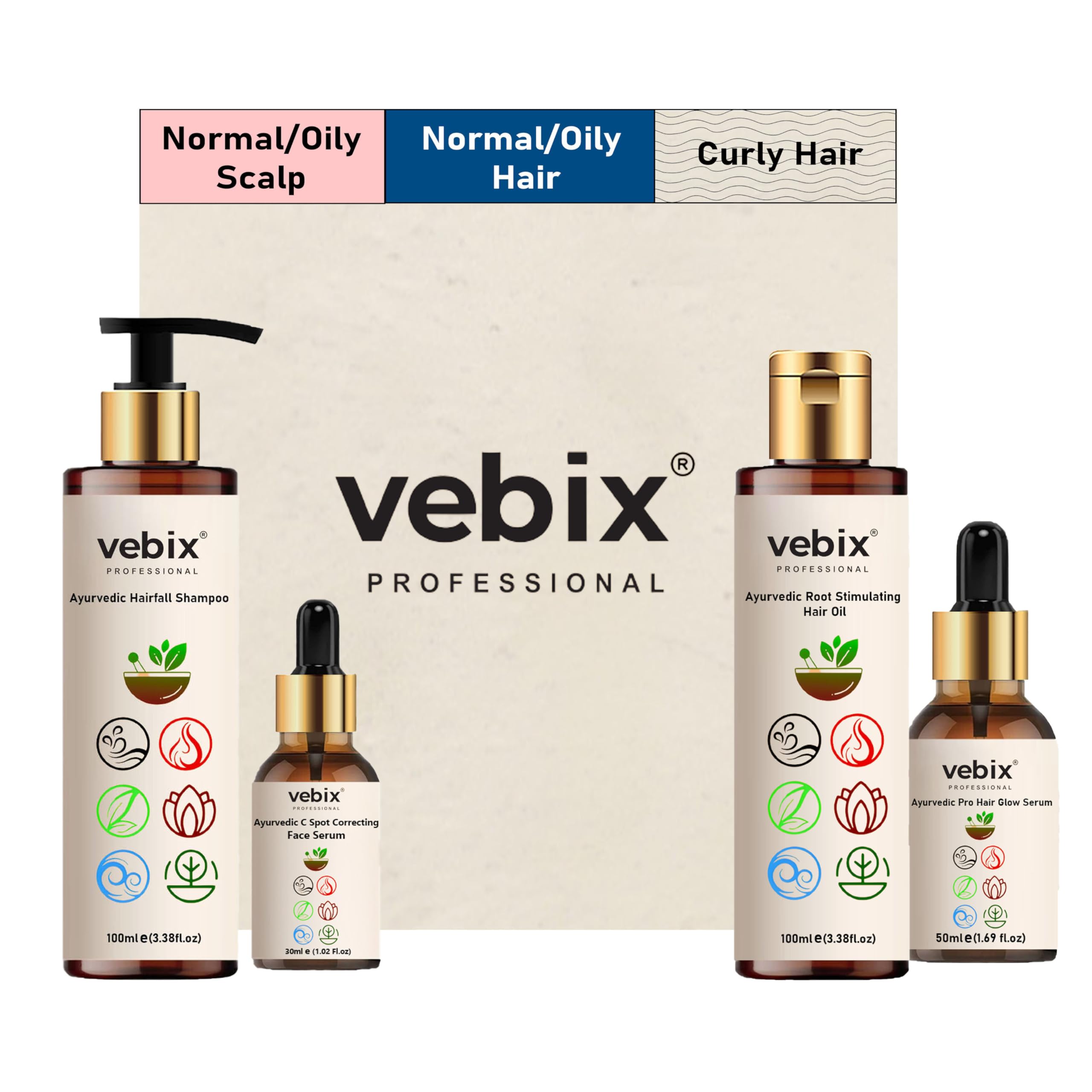 VebixProfessional Customised Regimen -4 Ayurvedic Product Kit - HairFallControl- AntiHairFall Neem Oil +Lotus AntiHairfall Shampoo + Hair Growth Serum & Face Glow Serum (280ml) (Normal Hair)