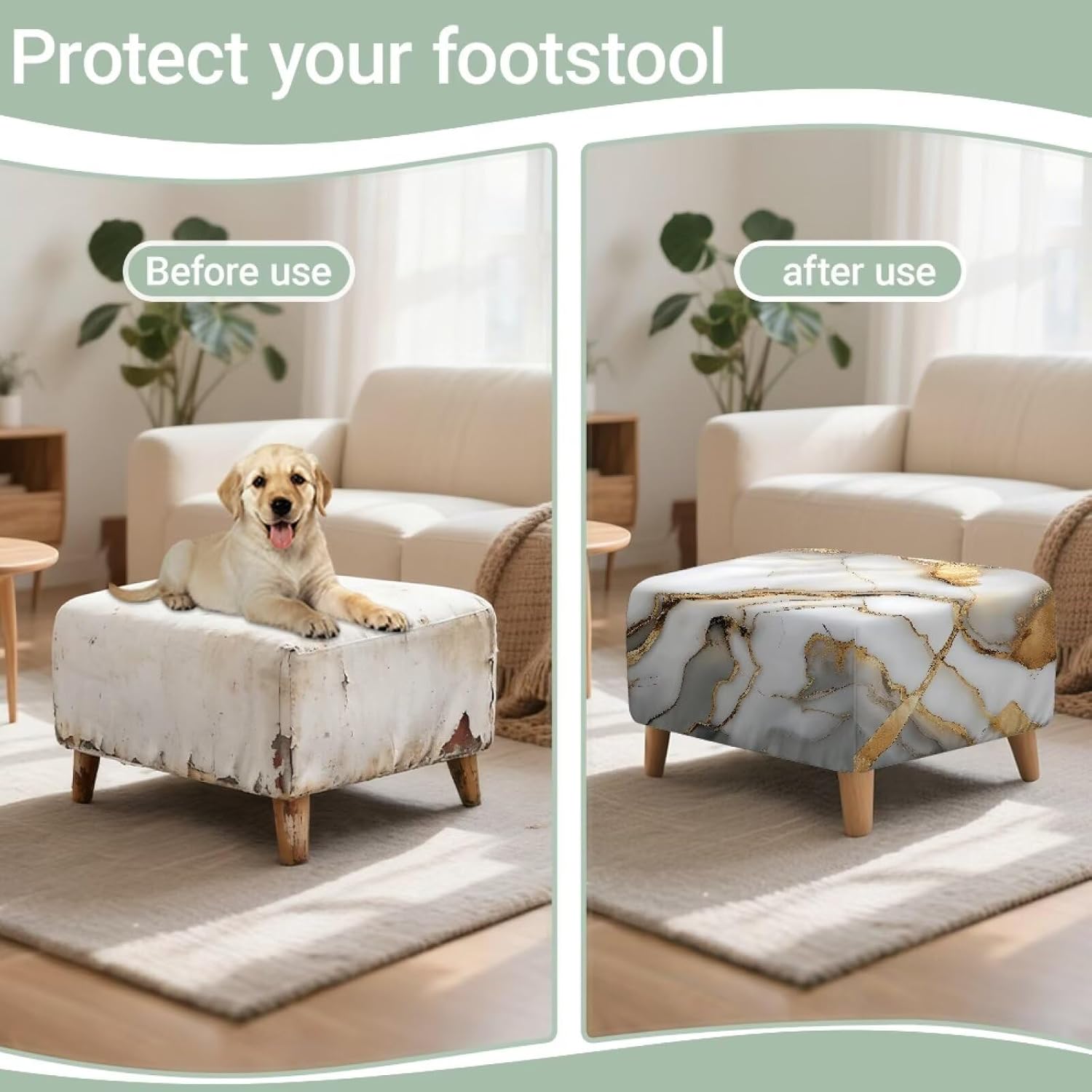 Golden Marble Stretch Ottoman Covers Non-Slip Ottoman Slipcovers Wear Resistant Foot Stool Protector Comfy Footrest Stool Cover, Easy to Clean, Small