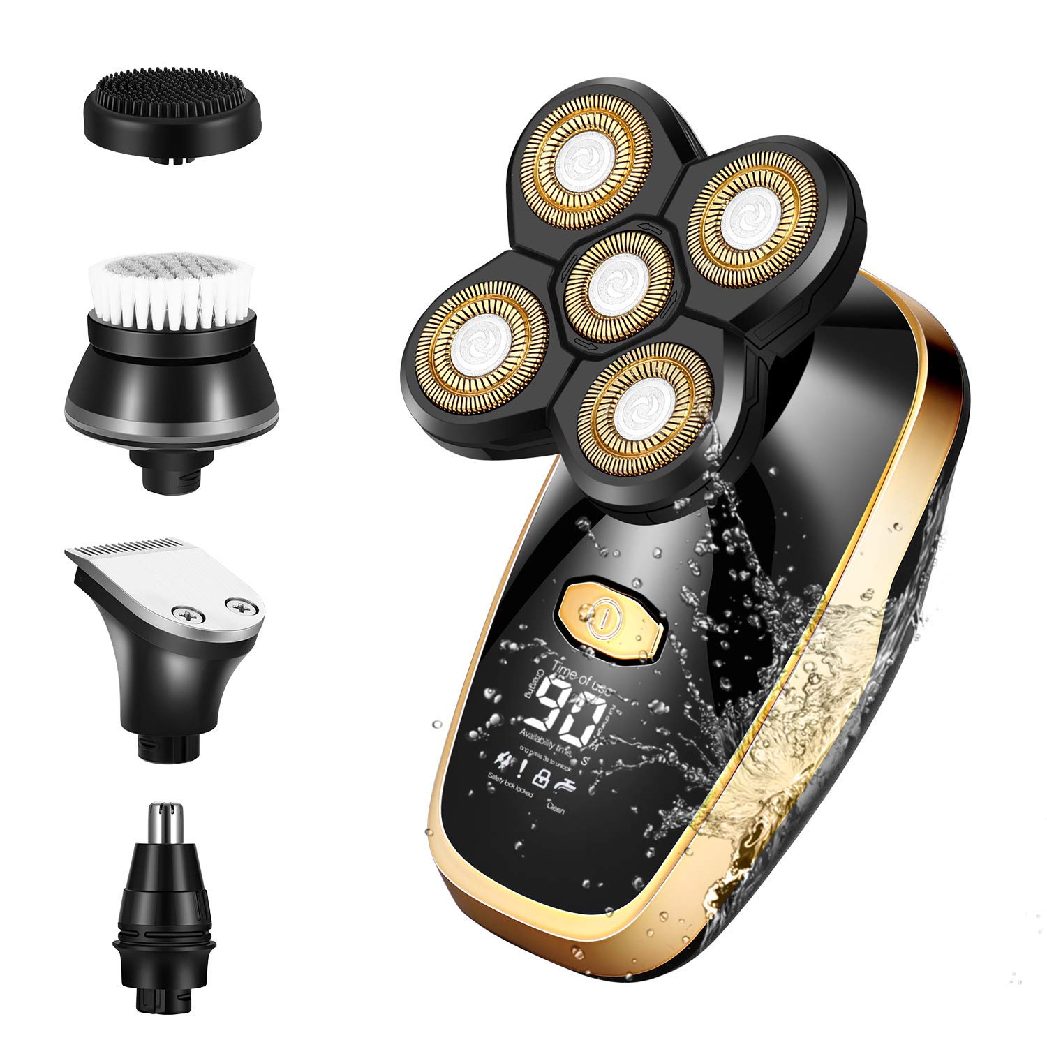 SURKER Electric Shaver Razor for Men 5 in 1 5D Floating Head Shavers for Bald Head Waterproof Rechargeable Wet Dry Grooming Kit(Gold)