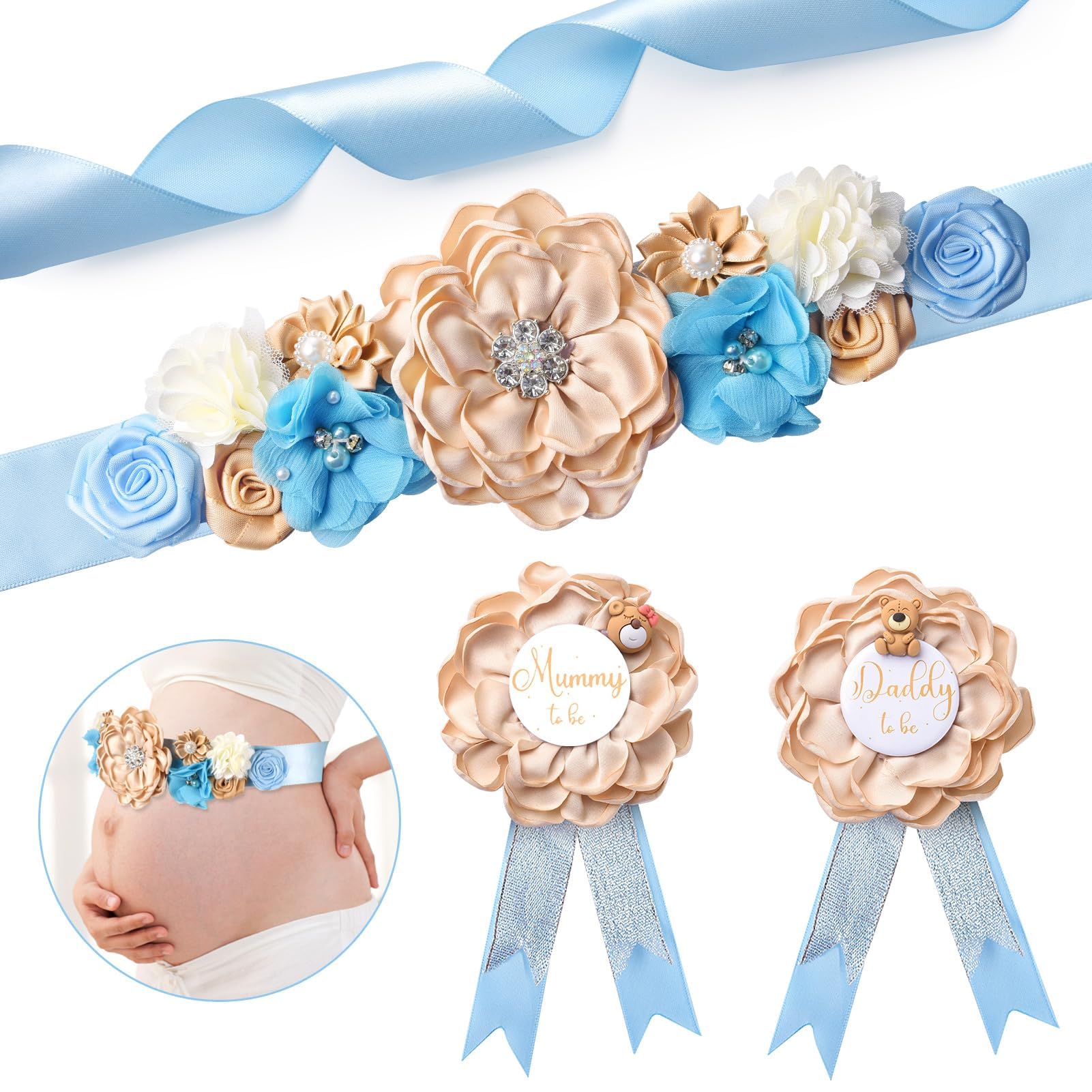 Azonee Teddy Bear Floral Maternity Sash, Mummy to Be & Daddy to Be Corsage Pin Set Blue Flower Baby Shower Sash Belly Belt Gift for Gender Reveal Bear Baby Shower Decorations