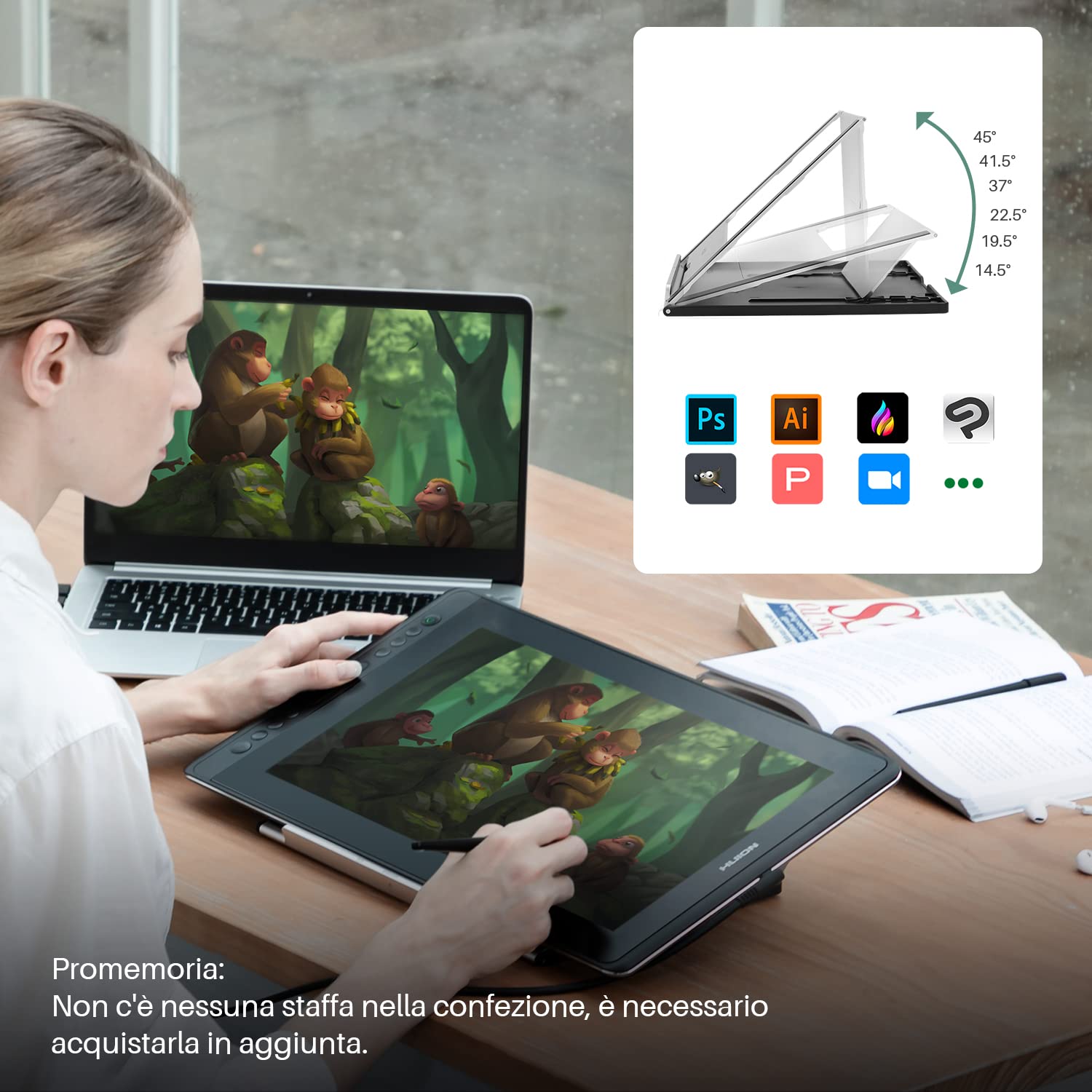 HUION Kamvas Pro 16 Tavoletta Grafica con Schermo in Vetro Laminato Antiriflesso Display Penna 120% Monitor Grafica sRGB Supporto Inclinazione Funzione (± 60 °) Penna Senza Batteria