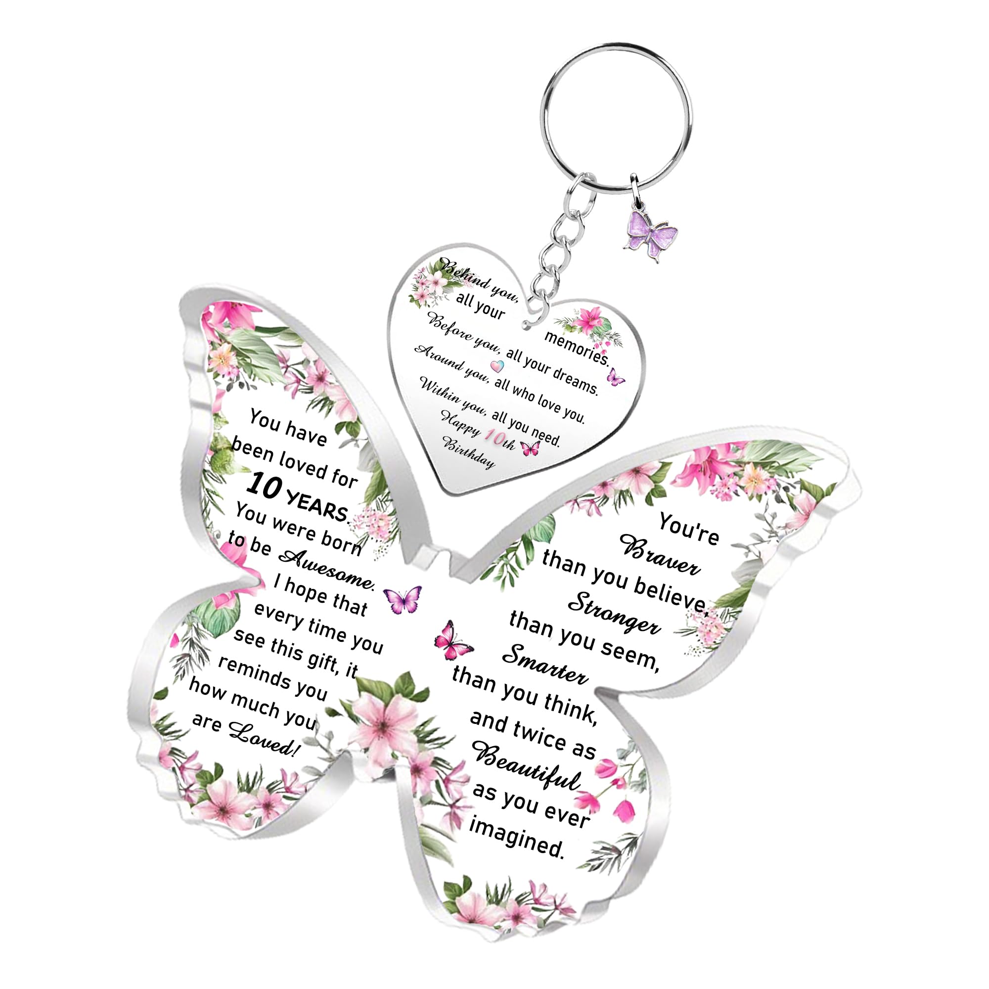 10th Birthday Gifts for Women Girls Butterfly Acrylic Plaque Keychains Set Daughter Sister Niece Cousin Personalised Inspirational Keyring Bestie Keepsake Birthday Present Idea for Her Key Chain Tag