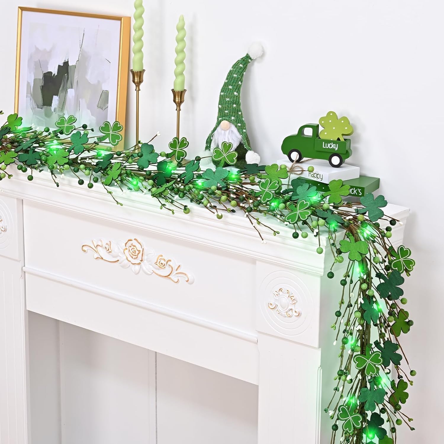 2 Pcs 6 Ft St Patrick's Day Garland with Light, Lighted Shamrock Garlands, Green Colored Wooden Shamrock and Berry Clover for St Patrick's Day Decor