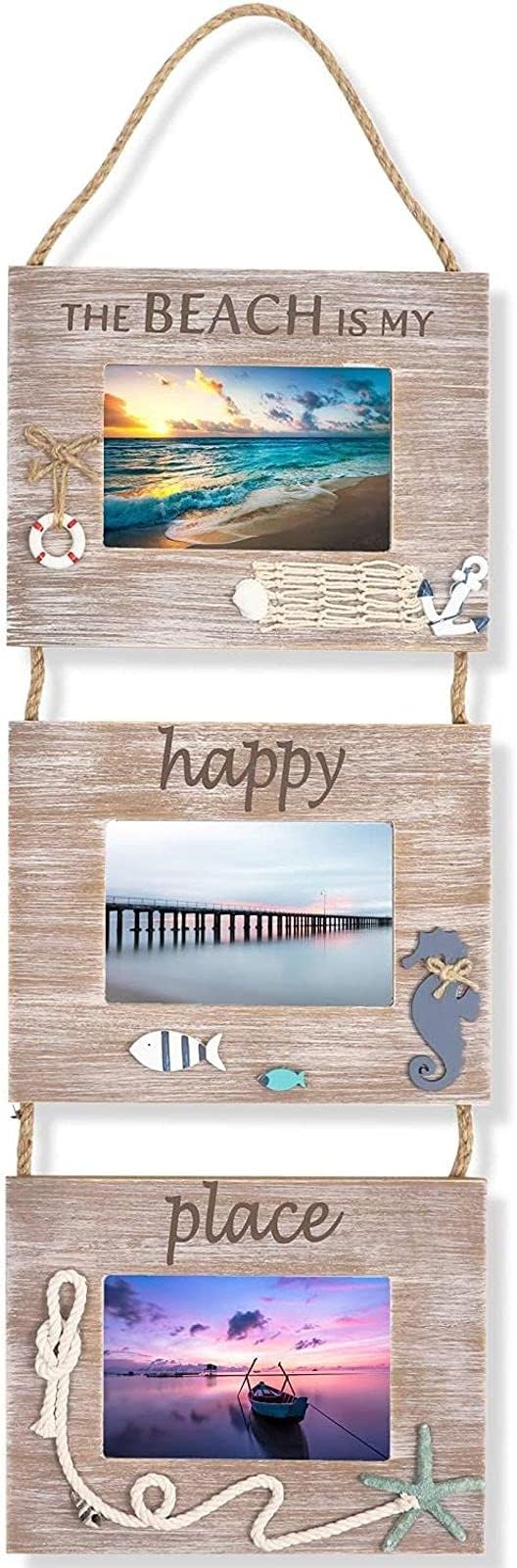 Juvale Beach Picture Frame 3-Photo Collage - Distressed Rustic Style & Coastal Decor - Versatile Display & Beach Hanging Decor - 9.25"x 29.5" x 0.25", Vertical, Wall Mount