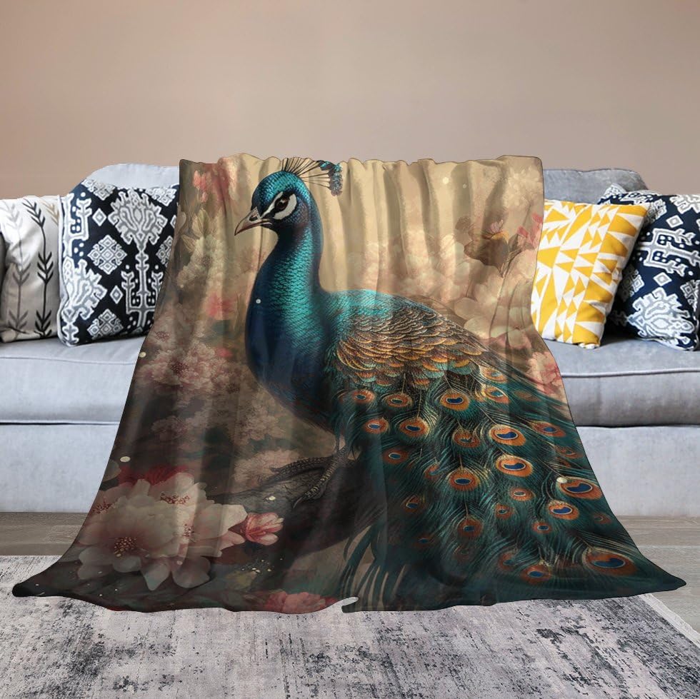 Couverture en micro polaire motif paon oriental de qualité supérieure pour lit