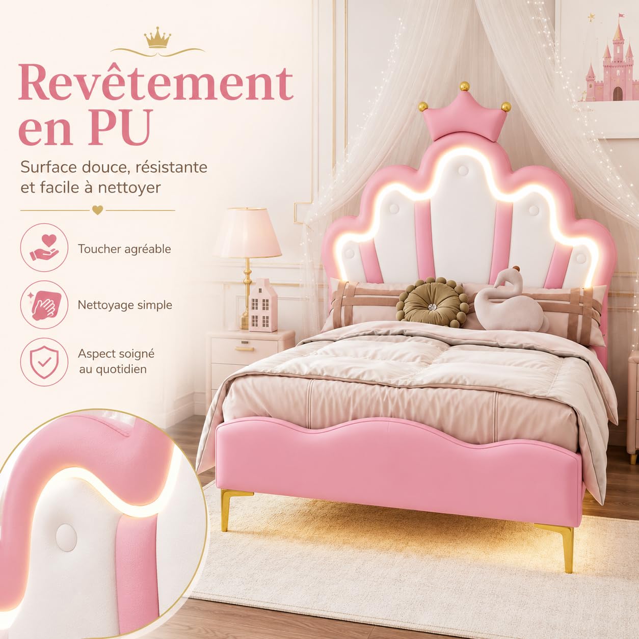 Cama Princesa 90 x 200 con LED, Cama Infantil Acolchada con cabecera Ajustable, PU, sin colchón, Rosa