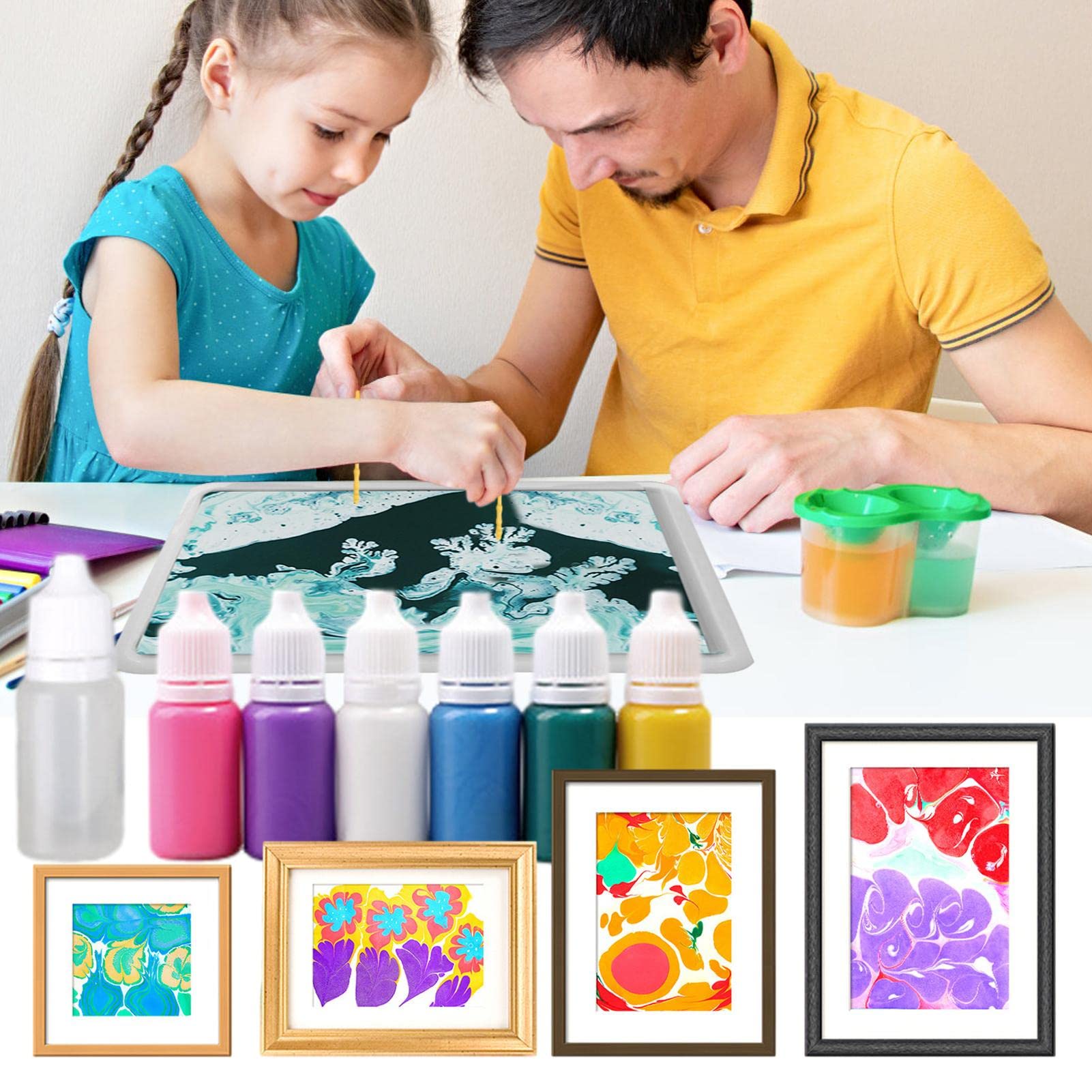Kit di pittura con marmorizzazione dell'acqua per bambini(12 colori+6 ornamenti in legno).Forniture artistiche per dipingere sull'acqua,attività creativa fai-da-te.giocattolo per bambini dai 6 anni