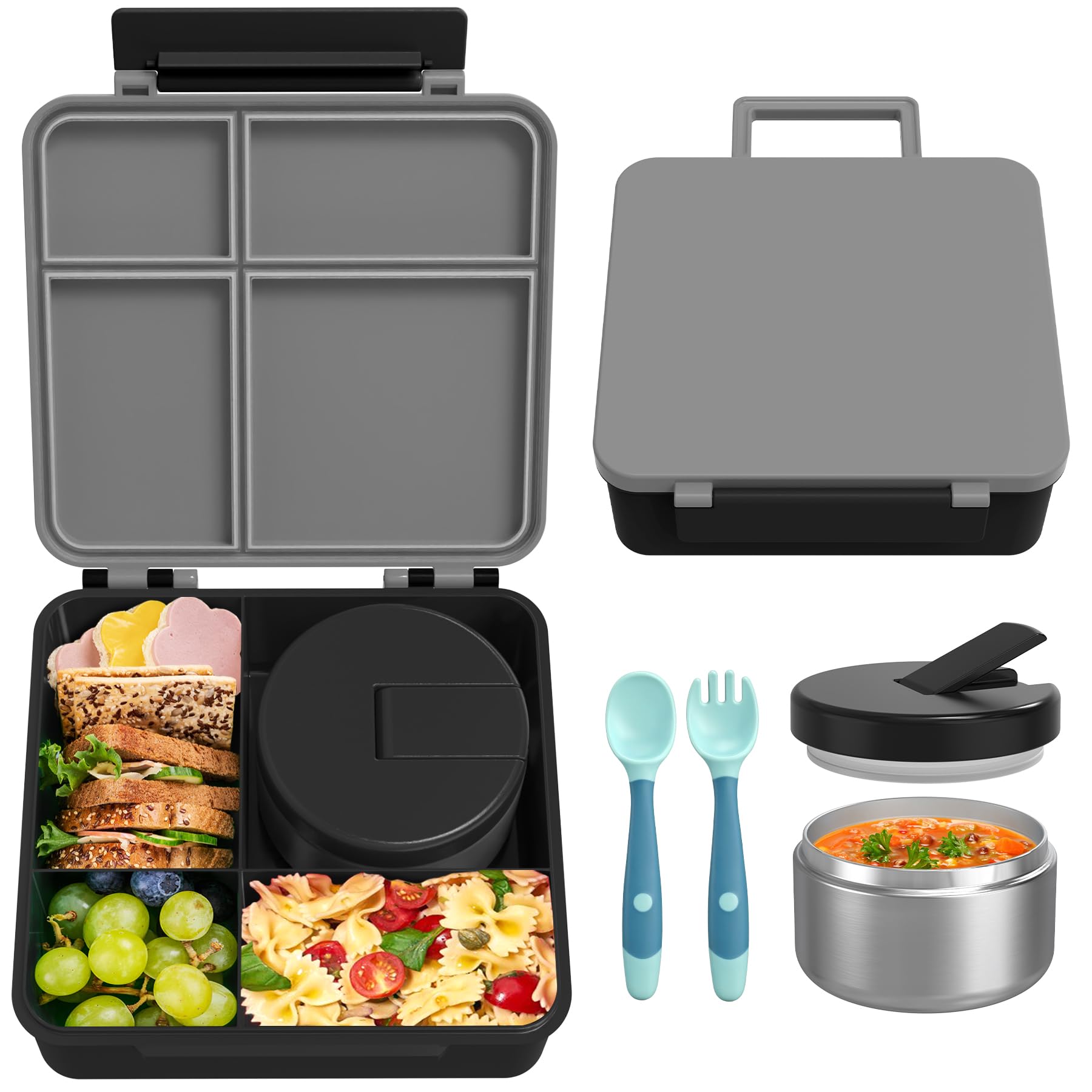 LOHASOK Bento Lunch Box with 8oz Soup Thermo, Leak-Proof Lunch Containers with 4 Compartment, Thermo Hot Food Jar and Insulated Lunch Box for School