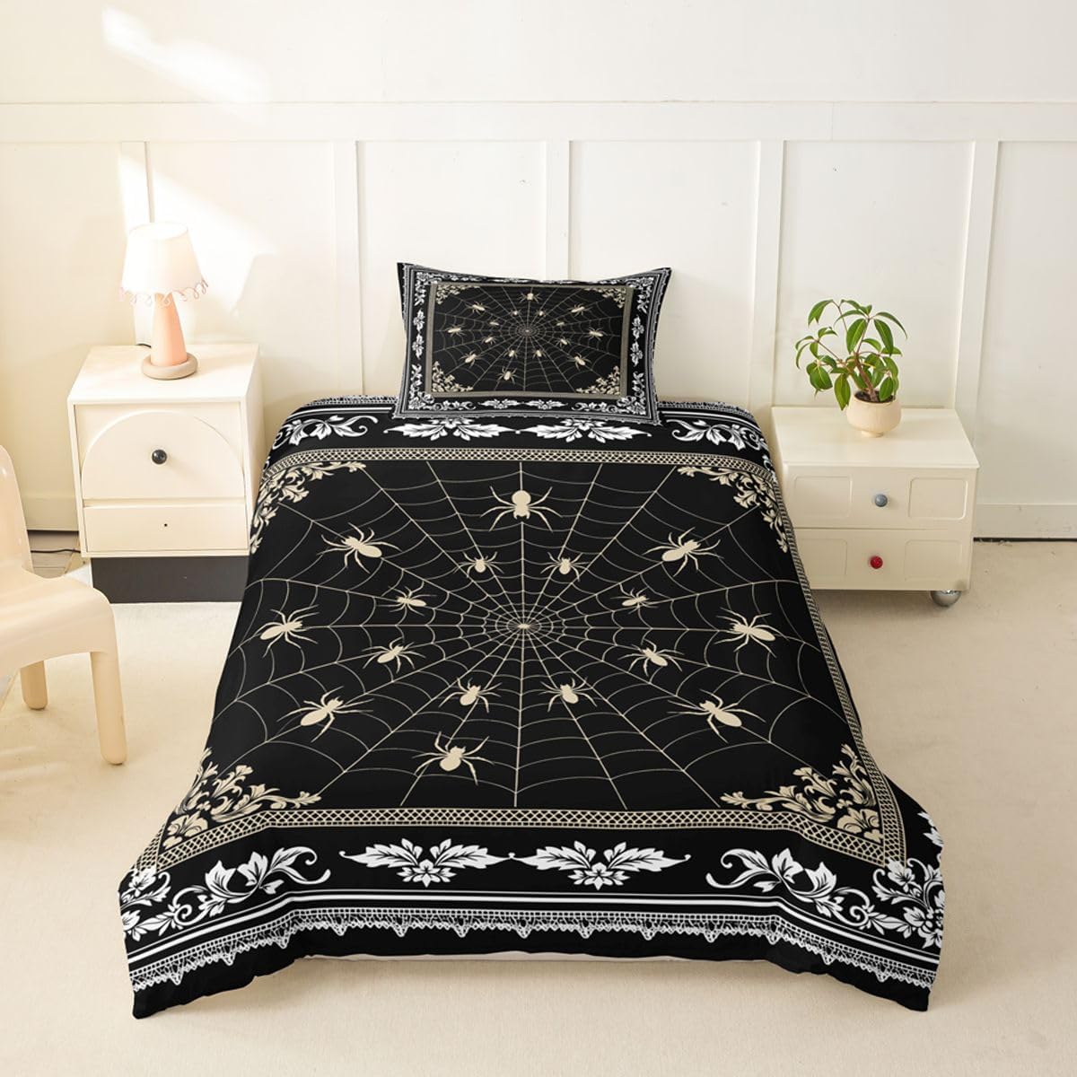 Feelyou Spider Web Duvet Cover Toddler Size Damask Pattern Comforter Cover for Boys Girls Floral Printed Bedding Set 2Pcs Spider Room Decor No Comforter Breathable Soft Lightweight Microfiber