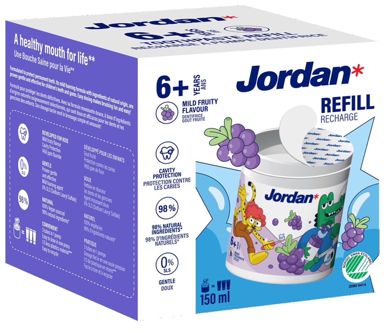 Jordan ® | Junior pasta do zębów opakowanie uzupełniające 6-12 lat | łagodny owocowy smak | do dozownika pompki | 1450 ppm fluorek | 98% naturalnych składników | 0% SLS | ochrona przed próchnicą | 150