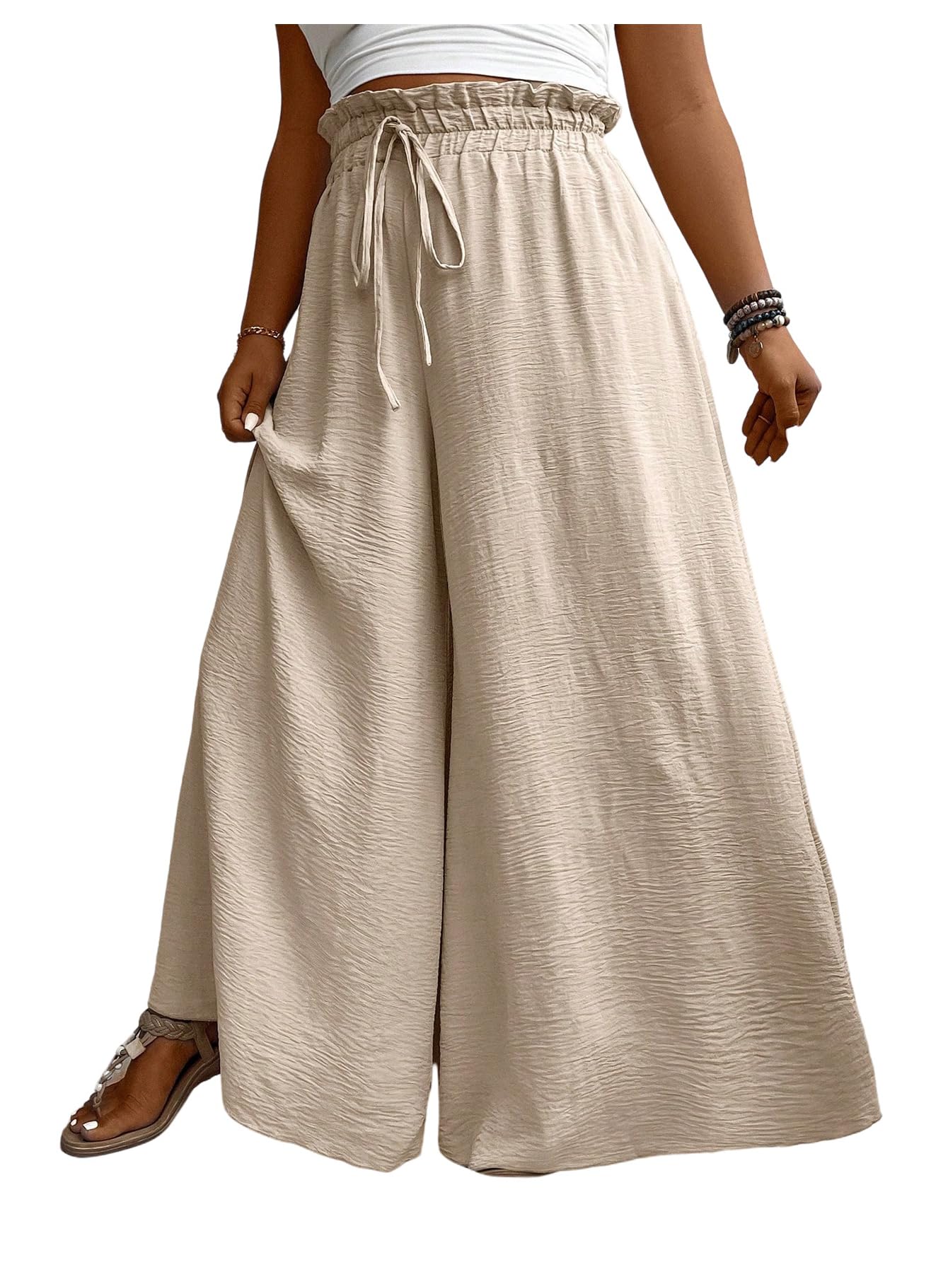 Womens Plus Size Palazzo Pants Elastic High Waisted Wide Leg Loose Trousers