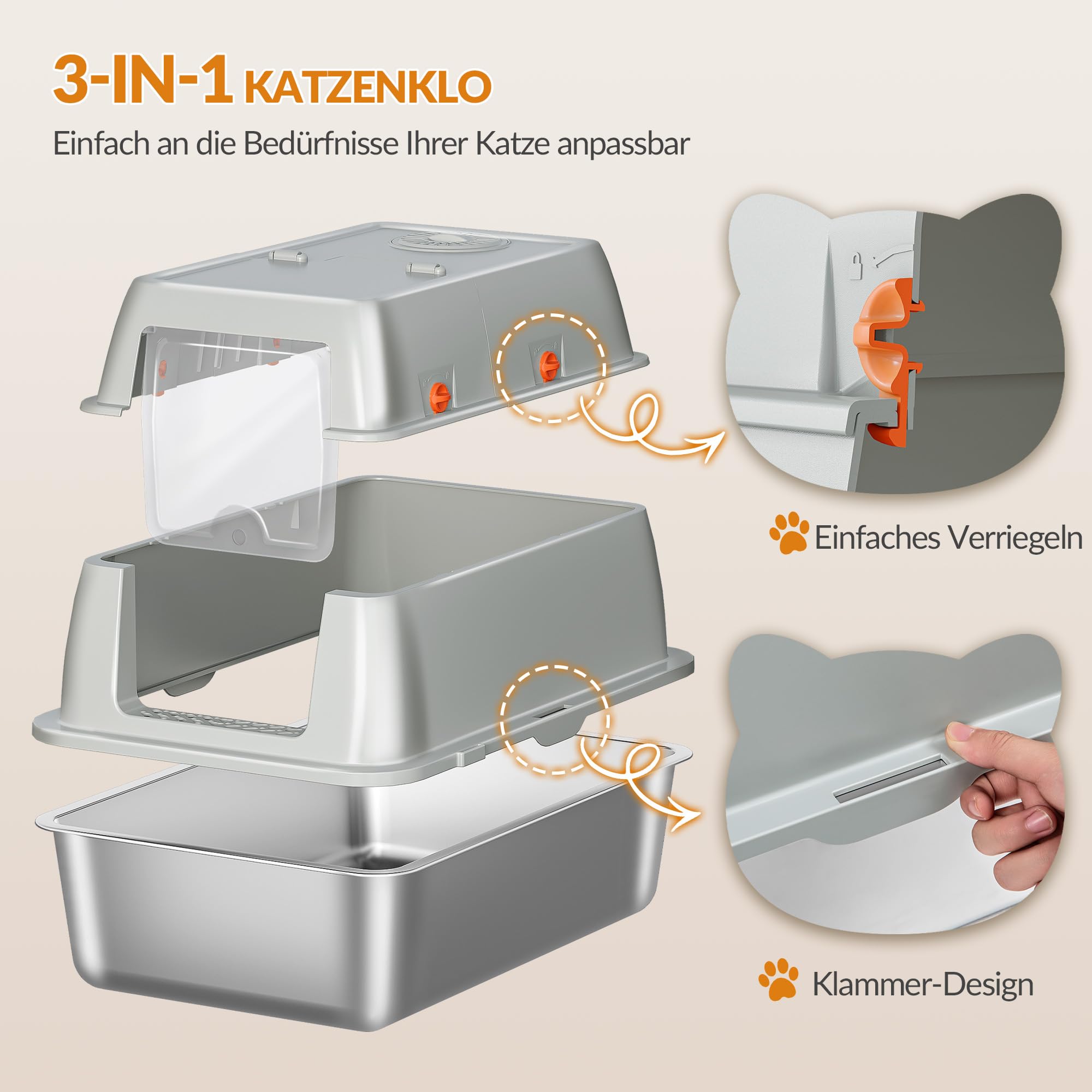Edelstahl Katzenklo mit Deckel XXL, 61 x 41 x 40 cm, Hellgrau | Geschlossene Katzentoilette, 180°Klappdeckel, Inklusive Pedal und Schaufel, Leicht zu Reinigen, Modulares Design FPLB203SG1