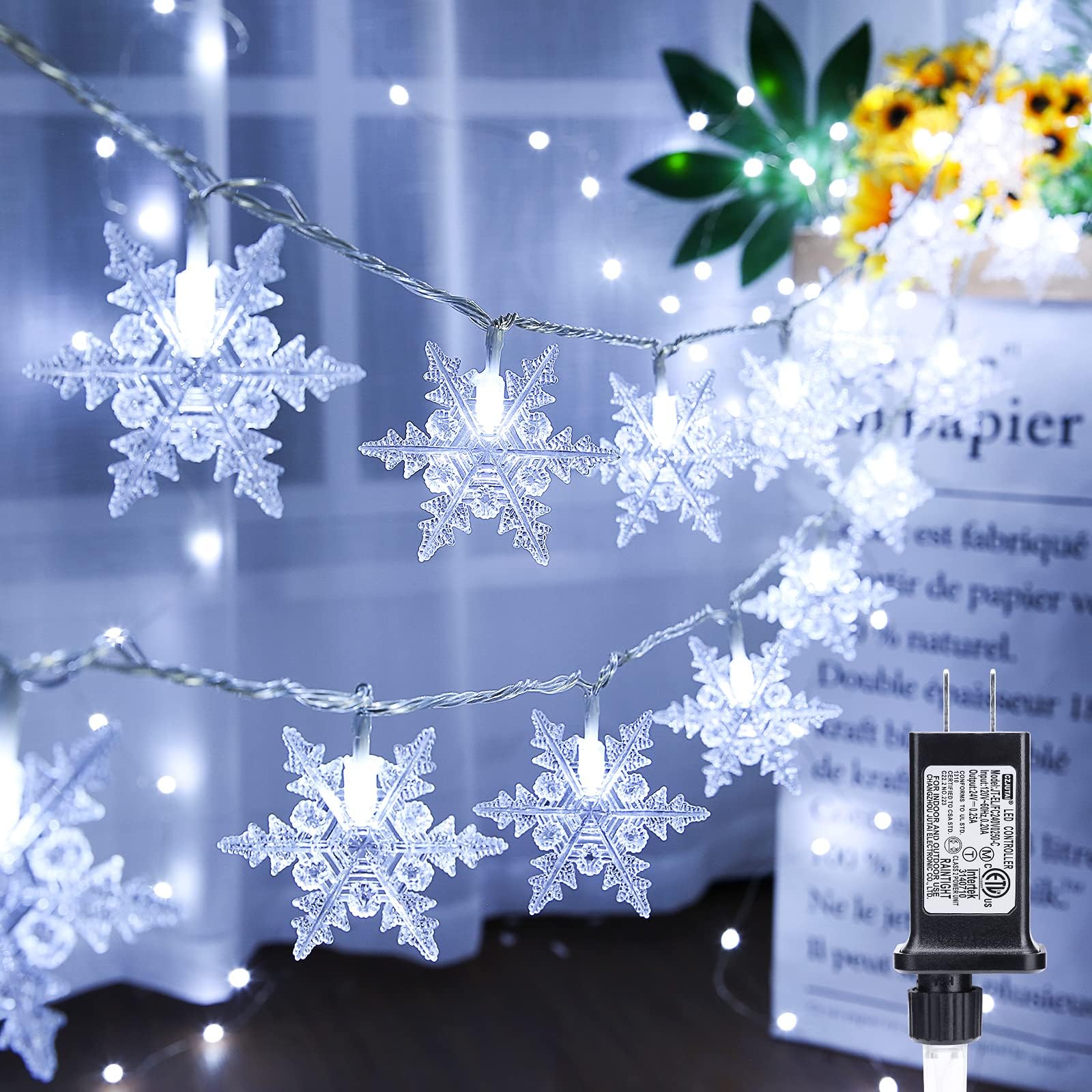 Toodour Snowflake Christmas Lights, 29.5ft 60 LED Snowflake Fairy Lights, Connectable 8 Modes Waterproof Plug in Christmas String Lights for Indoor, Outdoor, Wedding, Party, Christmas Tree Decorations