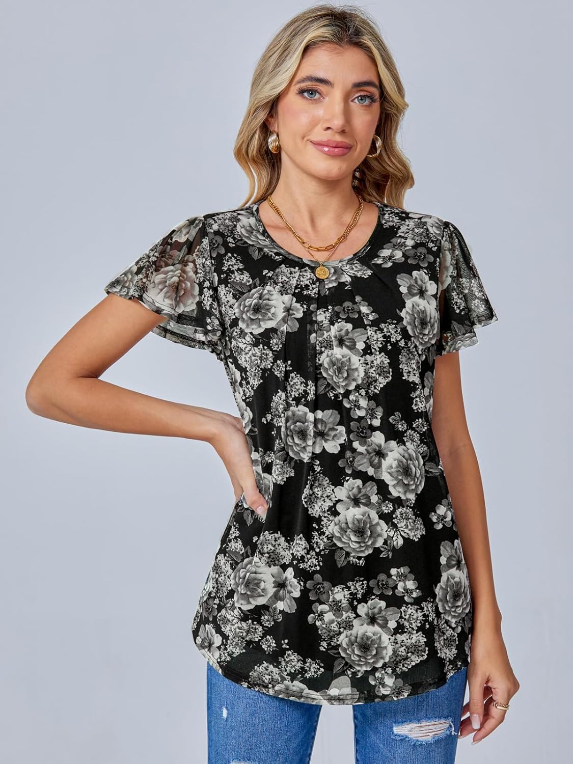 BAISHENGGT Womens Blouses Dressy Casual Shirts Flutter Short Sleeve Pleated Front Mesh Summer Tunic Tops - Image 2