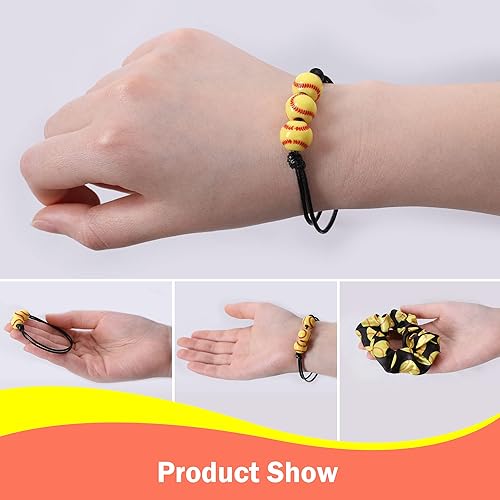 Miniatura 7 de Juego de 40 pulseras con dijes de sóftbol y bandas deportivas para el cabello, pulsera ajustable con cuentas de sóftbol inspiradoras, bandas