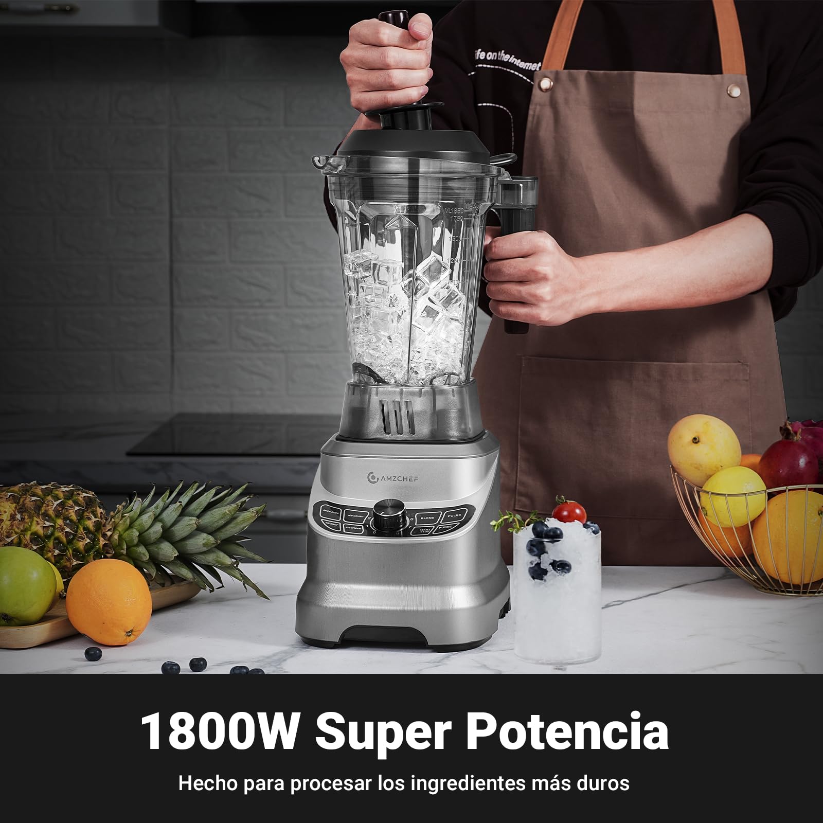 AMZCHEF Batidora de Vaso con 8 Velocidades Seleccionables | Batidora profesional hosteleria 1800W | 1.85 Litros Licuadoras para Zumos y Batidos, Smoothies, Frutas Congeladas, Pica Hielo
