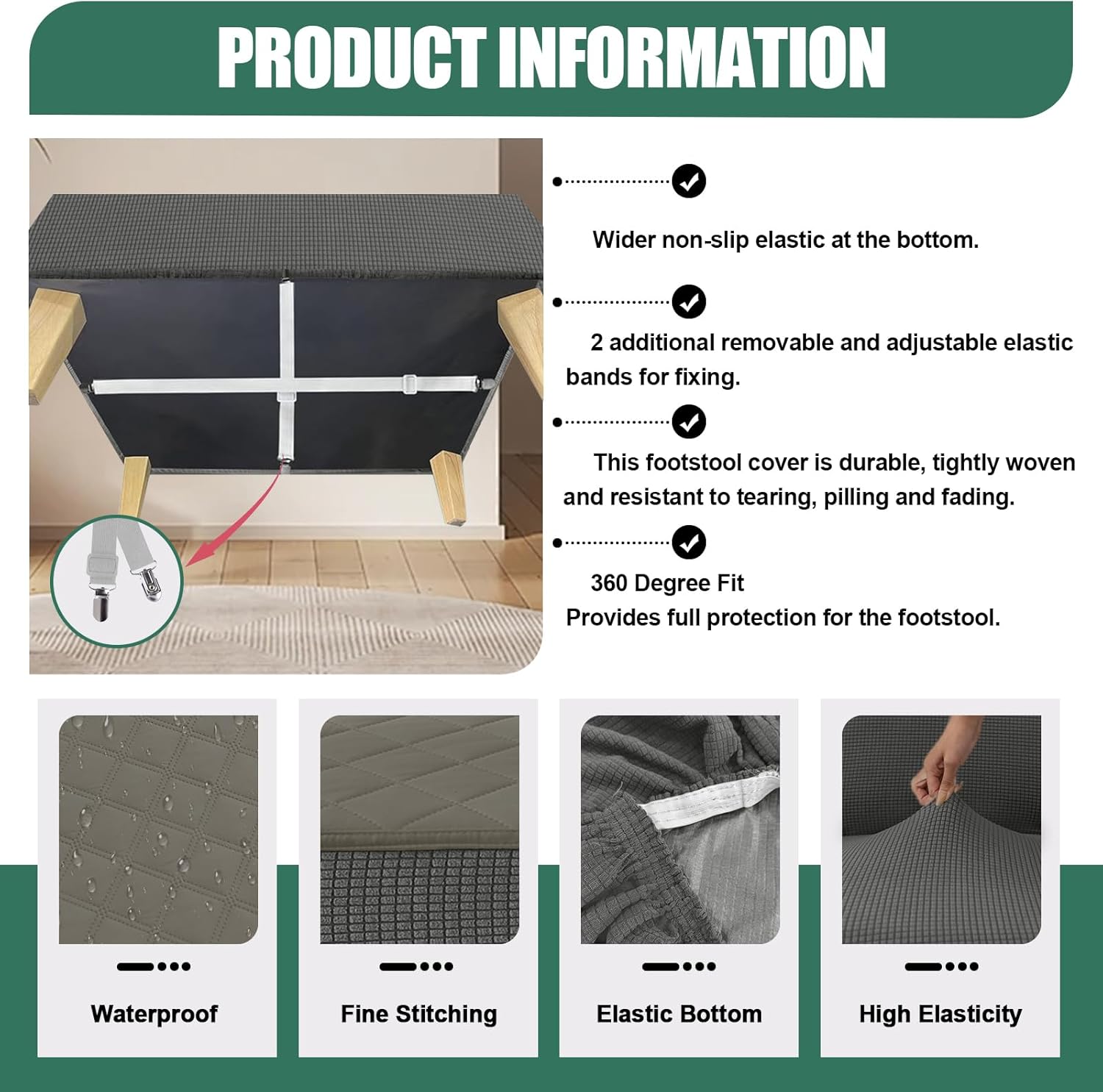 Quilted Ottoman Cover Waterproof Footrest Sofa Slipcovers Stool Cover Foot Stool Protector Covers with Nonslip Lace Up (Gray1,Square L38-42, W38-42 in)