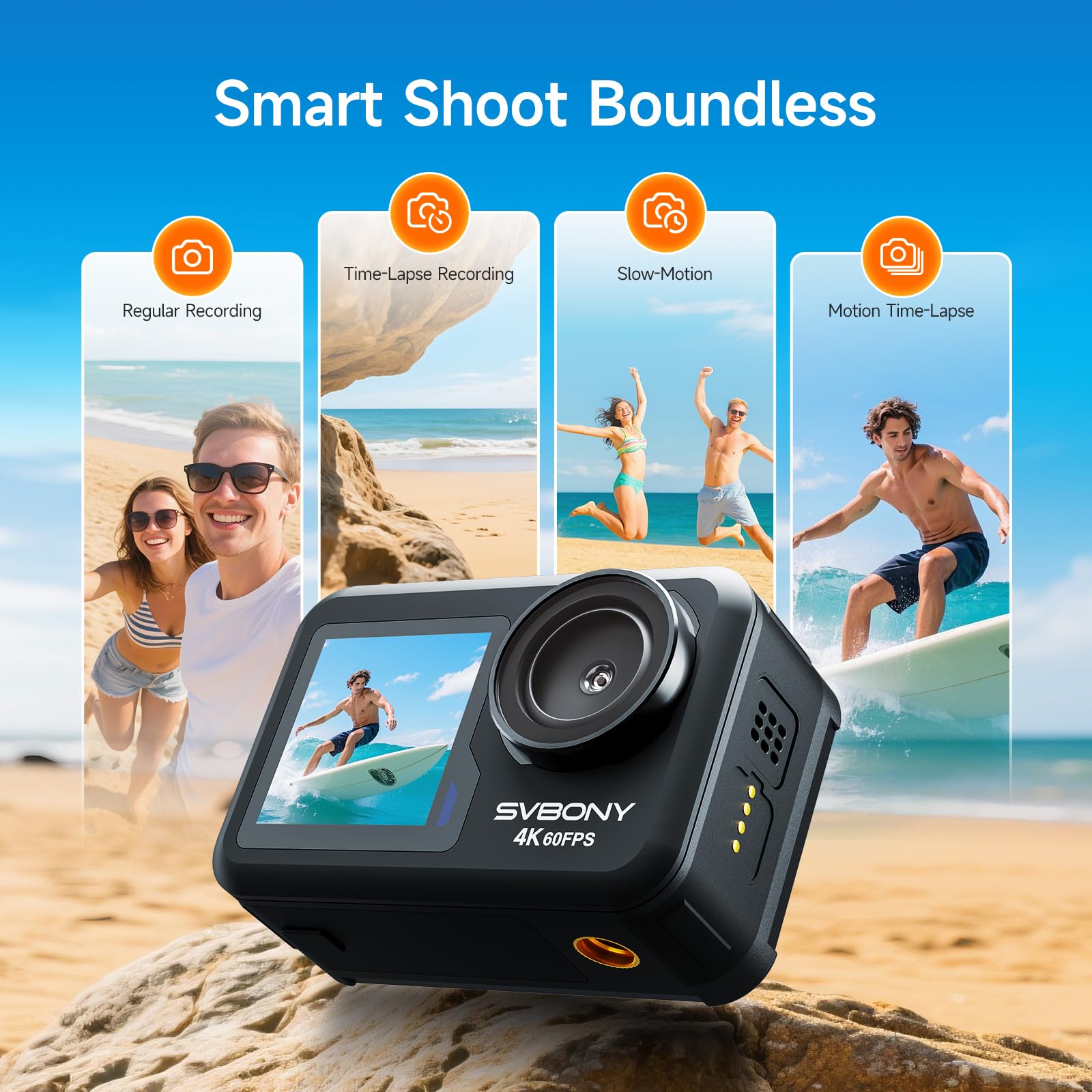 SVBONY ACT20 4K 60FPS Dual-Screen Unterwasserkamera (SVGo2 Upgrade) | Action Cam mit EIS 2.0, 12m wasserdicht (ohne Gehäuse), Sprachbefehl, Dual-Display, 2x1350mAh Akkus für Surfen, Schnorcheln