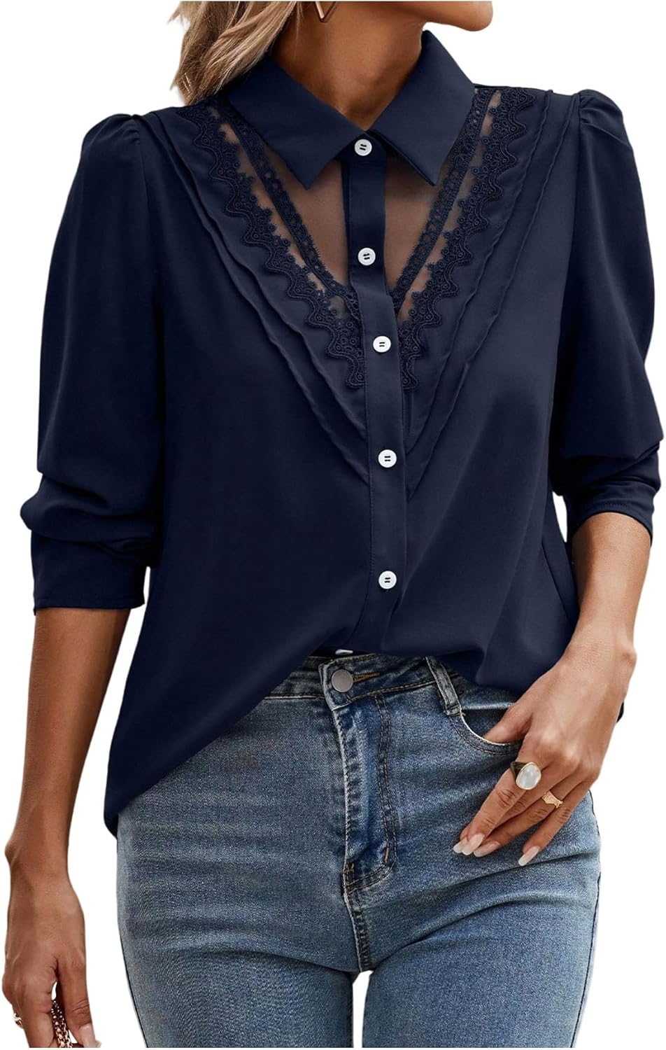 OYOANGLE Women's Lace Sheer Button Down Puff Long Sleeve Blouse Business Casual Dressy Tops