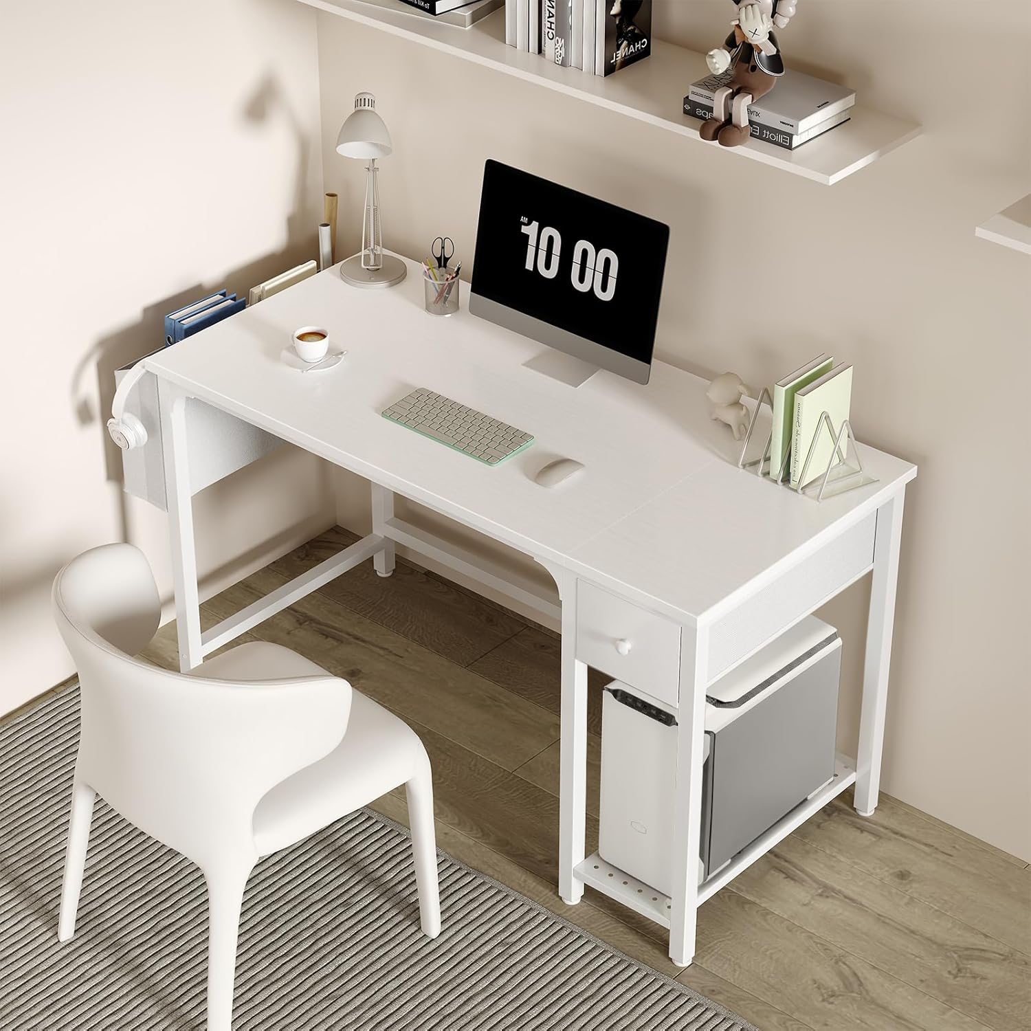 Lufeiya White Small Desk with Drawers - 40 Inch Computer Desk for Small Space Home Office, Modern Simple Study Writing Table PC Desks The Forest Stewardship Council - imagen 5