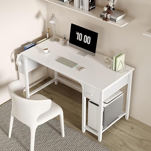 Miniatura 2 de Lufeiya Escritorio blanco para computadora con cajones, escritorio de PC de 47 pulgadas para espacio pequeño, dormitorio, oficina en casa,