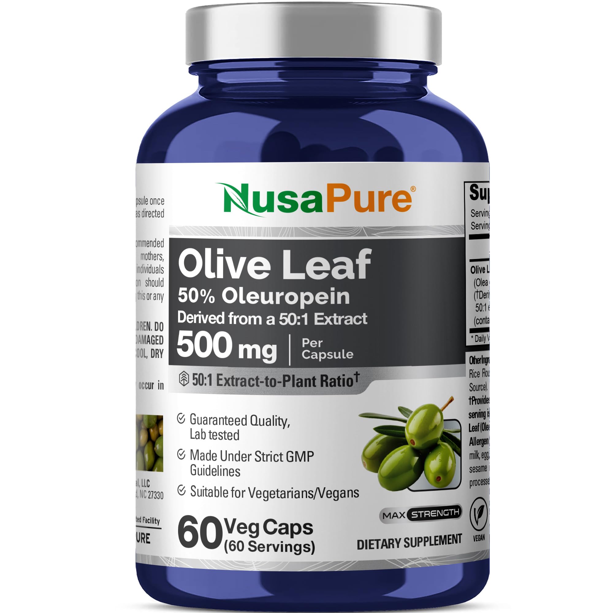NusaPure Olive Leaf Capsules, 500 mg, 60 Veg Capsules (Non-GMO, Vegan)