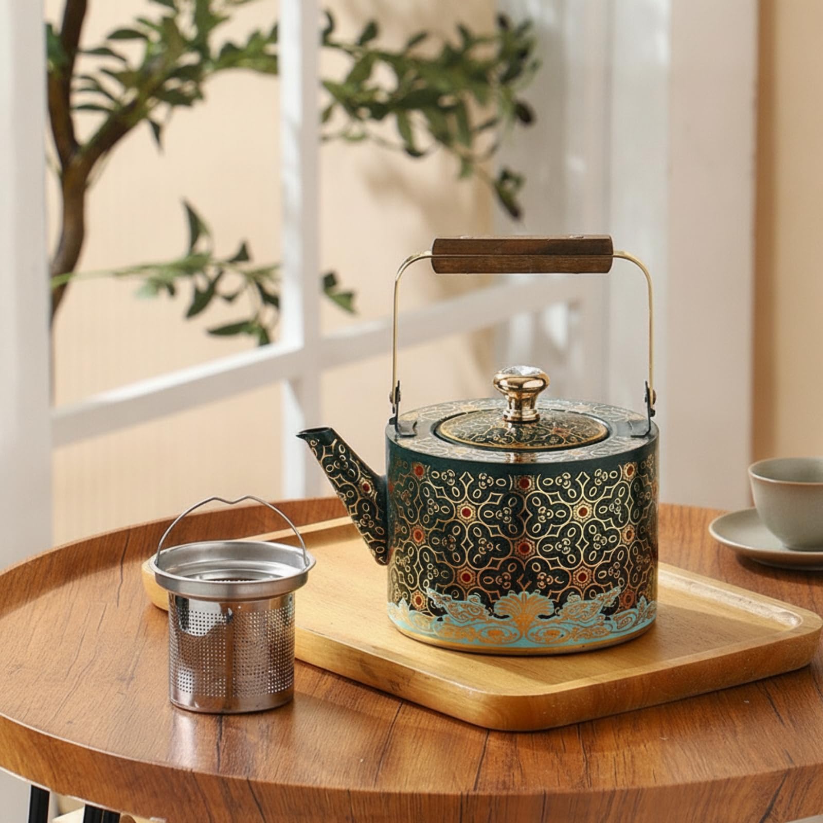 Qianly Tetera con Colador Vertedor Larga Tetera Acero Inoxidable Resistente a la Oxidación Hervidor para Aficionados Al Té, 1.5L, Estilo 8 Verde Con Patrón Dorado Y Base Ancha