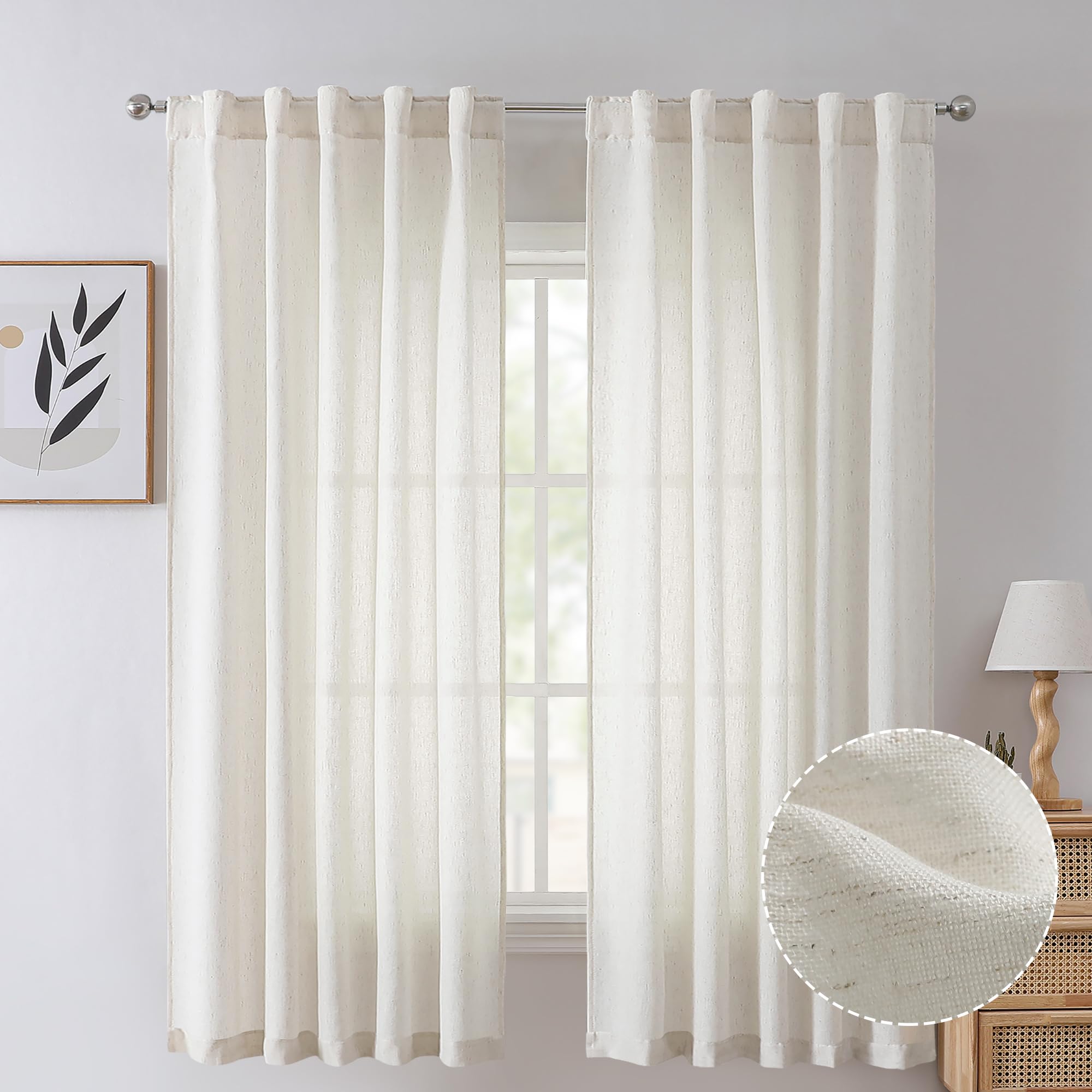 Tollpiz Natural Linen Cotton Curtains Back Tab Short Bedroom Semi Sheer Curtain Pocket Burlap Light Filtering Farmhouse Neutral Boho Drapes Living Room, 38 x 45 inches Long, 2 Panels