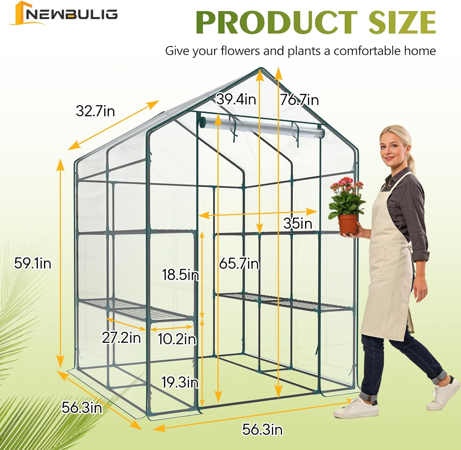 NEWBULIG Walk-in Greenhouse 56.3"x56.3"x76.7" Outdoor, Portable Greenhouse Kit with Thick PVC Cover & Roll-Up Zipper Door, Sturdy Steel Frame for Backyard, Patio, Garden, Clear