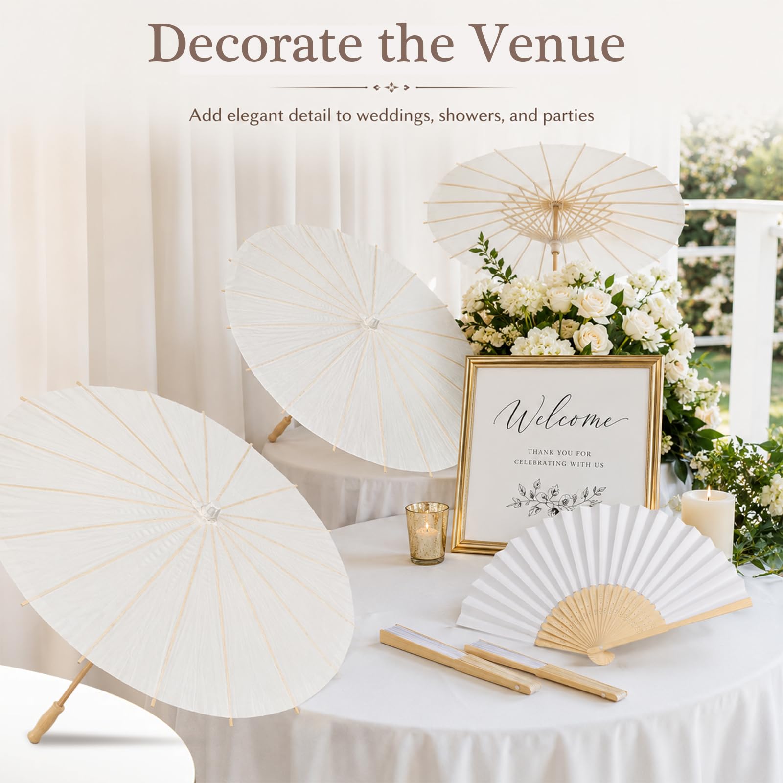 16 sombrillas blancas de 60 cm con 16 abanicos de papel para novia e