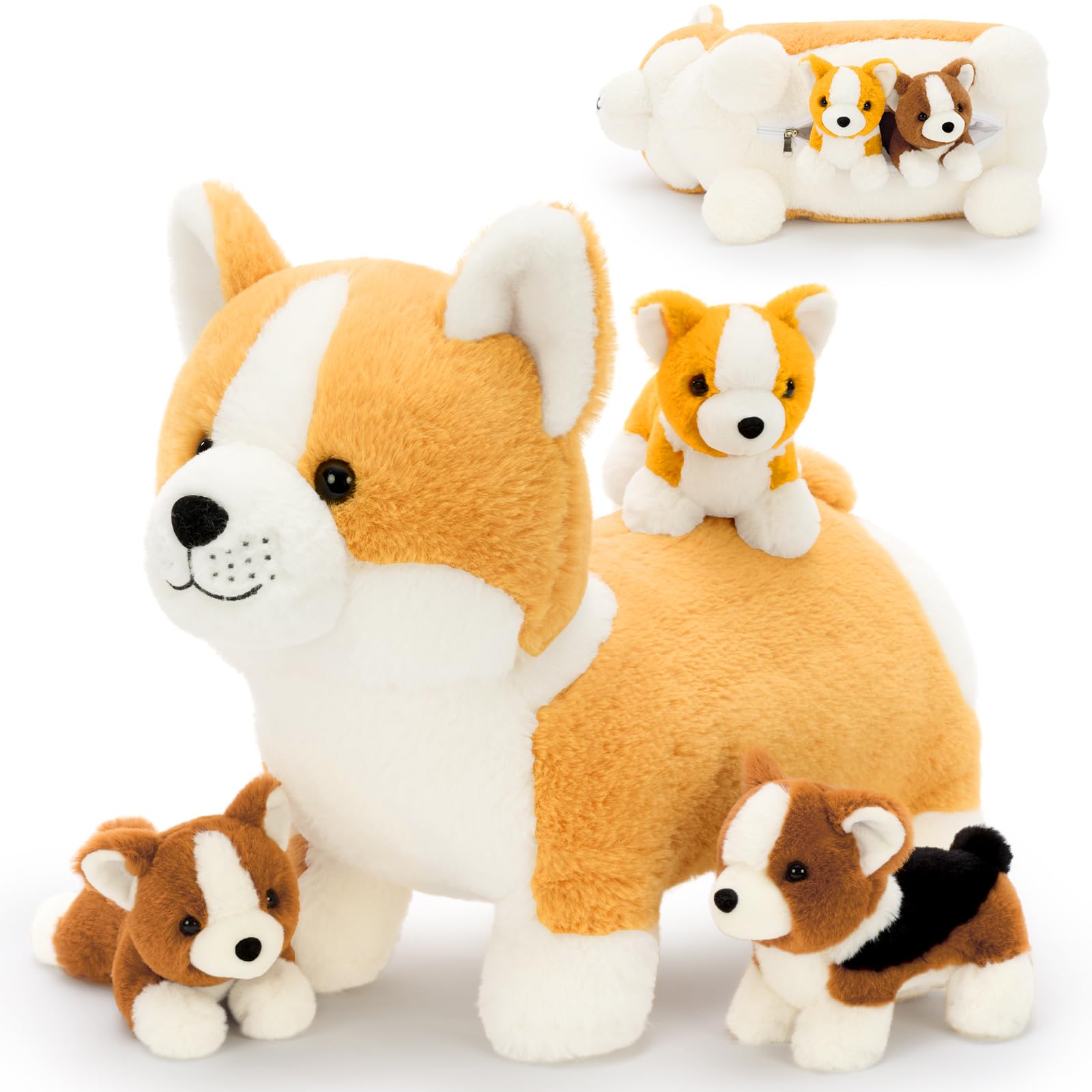 MorisMos 4pcs Corgi Plush Teddy Stuffed Animal with 3 Baby Puppies Inside, 18in Soft Corgi Dog Plush Toy, Kawaii Mommy Puppy Plushie Gift for Kids, Girls, Boys & Dog Lovers — image 1