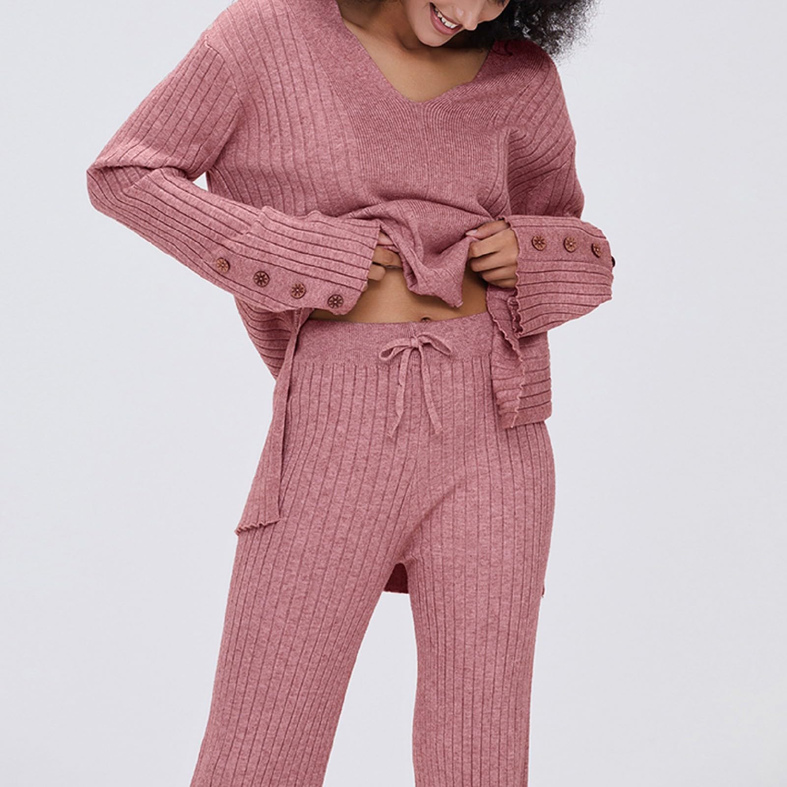 Hausanzug Damen Elegant V-Ausschnitt - Jogginganzug Festlich Hochzeit | Freizeitanzug Slim Fit Strickanzug Gerippte Schlafanzug Baggy Bequeme Sportanzug Mit Langarm Pullover + Jogginghose