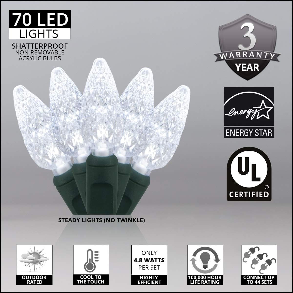 24 ft 70 Count C6 LED Cool White Christmas Lights, Green Wire Indoor/Outdoor Commercial Grade String for Holiday and Tree Lighting