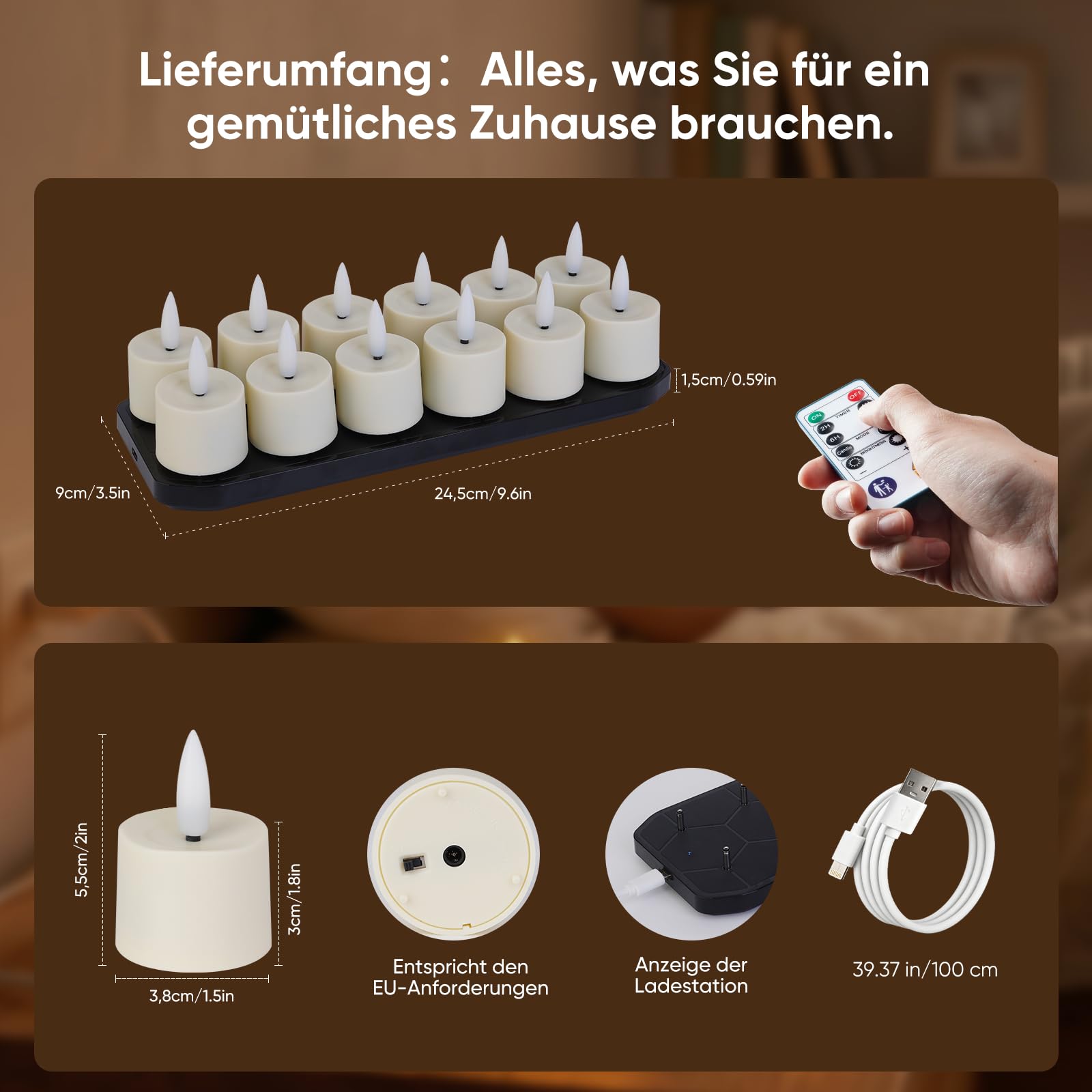 Homemory 12er wiederaufladbar teelichter mit Ladestation, USB Kerzen | Aufladbar Kerzen,Timer, Fernbedienung, 2 Std. Ladezeit, bis zu 100 Std. Leuchtdauer,Hochzeit Tisch Empfang Halloween