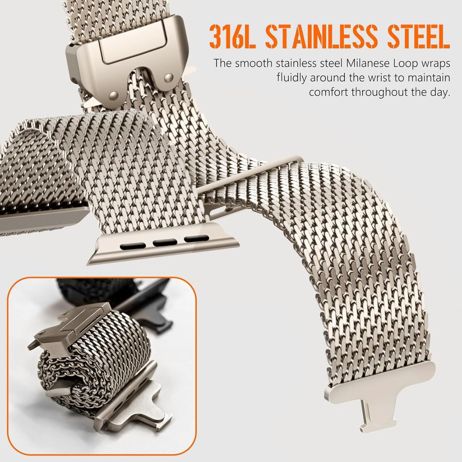Mycvlleon Milanese Mesh Loop for Apple Watch Band Men Apple Watch Ultra 3/2/1 44 mm 45 mm 46mm 49mm Ser Women,Stainless Steel Parachute-style Buckle for iWatch Ultra 2 Series 11 10 9 8 7 6 SE 5 4 3 - Image 5